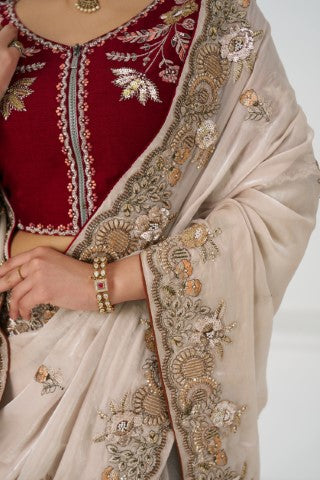 Chiku Color Stunning Fendi Silk Saree With Zari & Sequins Elegance
