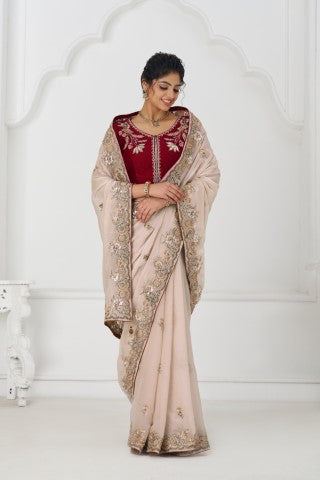 Chiku Color Stunning Fendi Silk Saree With Zari & Sequins Elegance