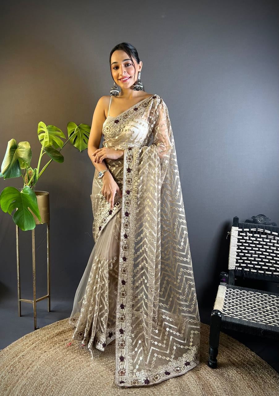 Chiku Colour Butterfly Net Embrodiery Work Saree