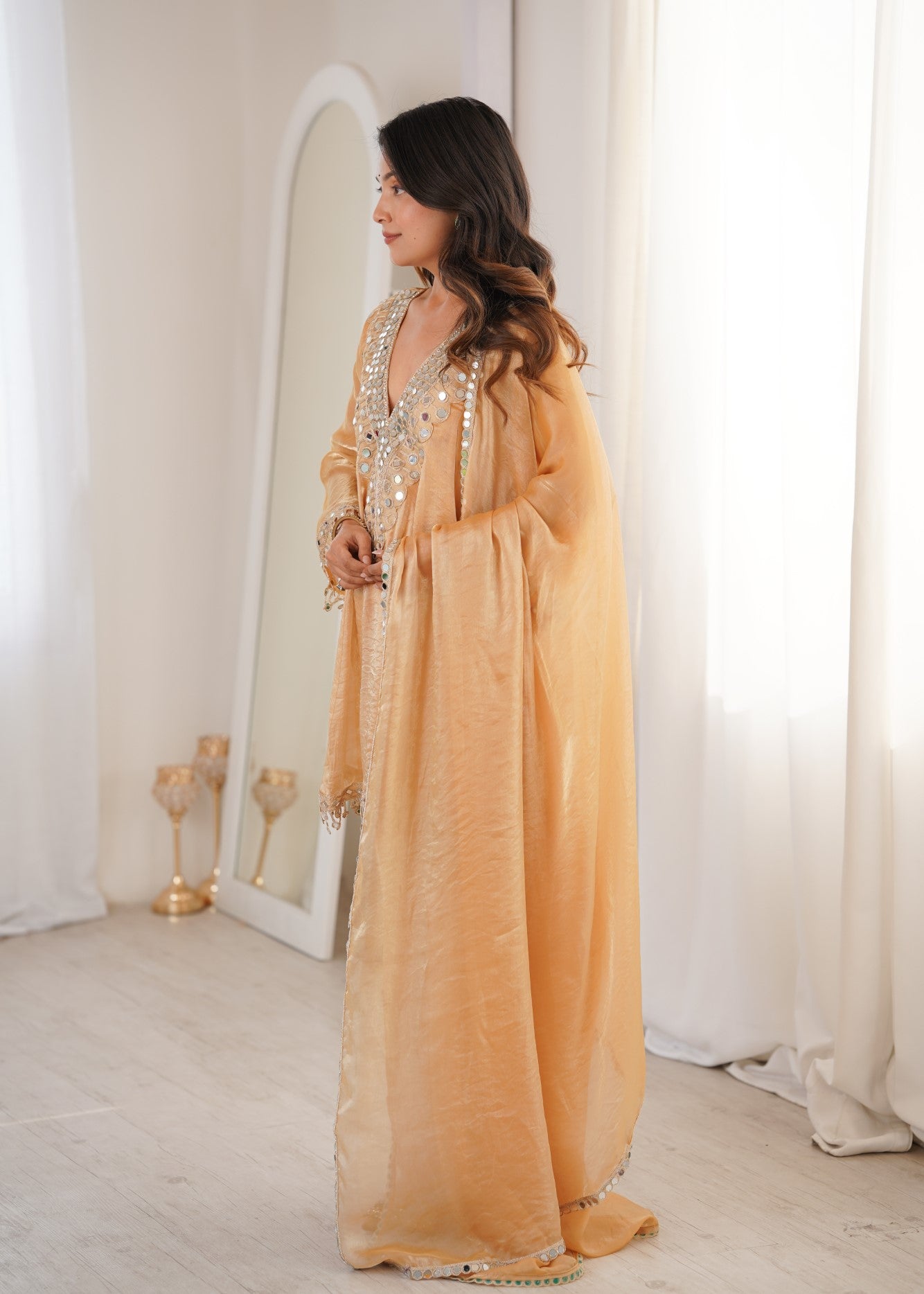 Chiku Fendy Designer Suit Set With Mirror Work & Embroidered Lace
