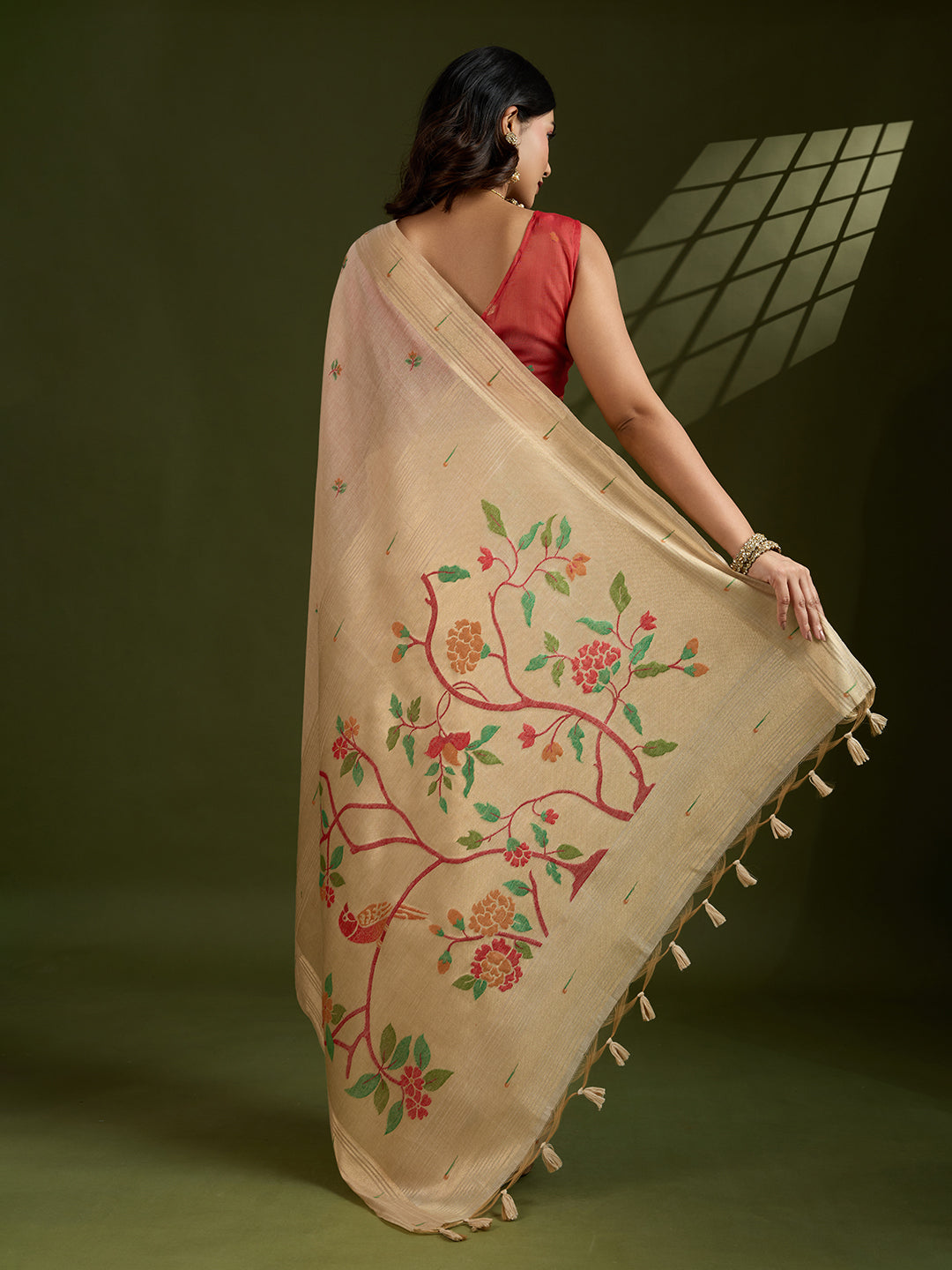 Chiku Muga Cotton Saree with Flower Butti and Paithani Pallu