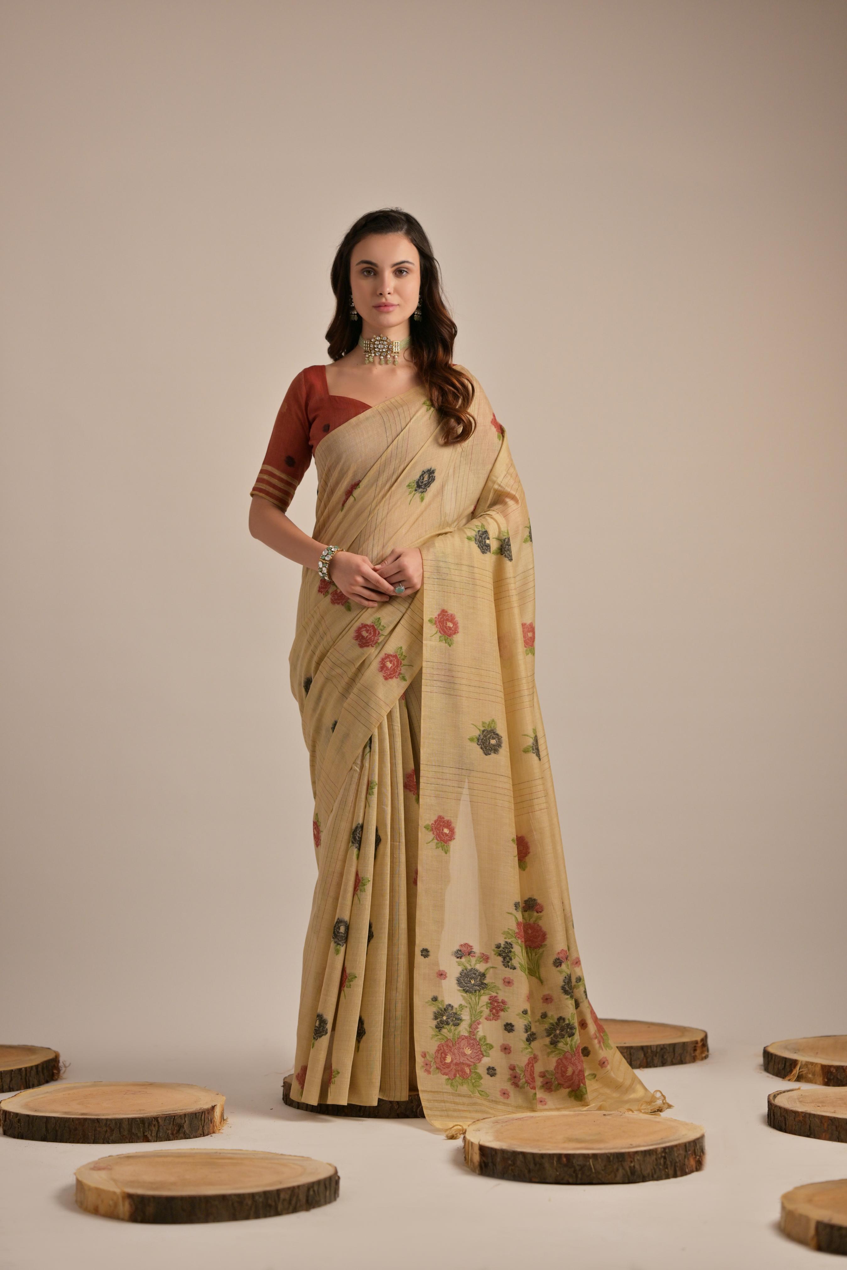 Chiku Muga Cotton Saree with Thread Woven Flower Design