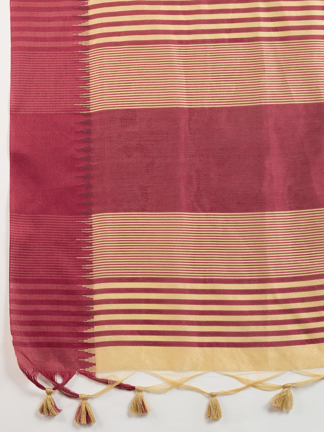 Chiku Raw Silk Saree with Temple Border and Striped Pallu