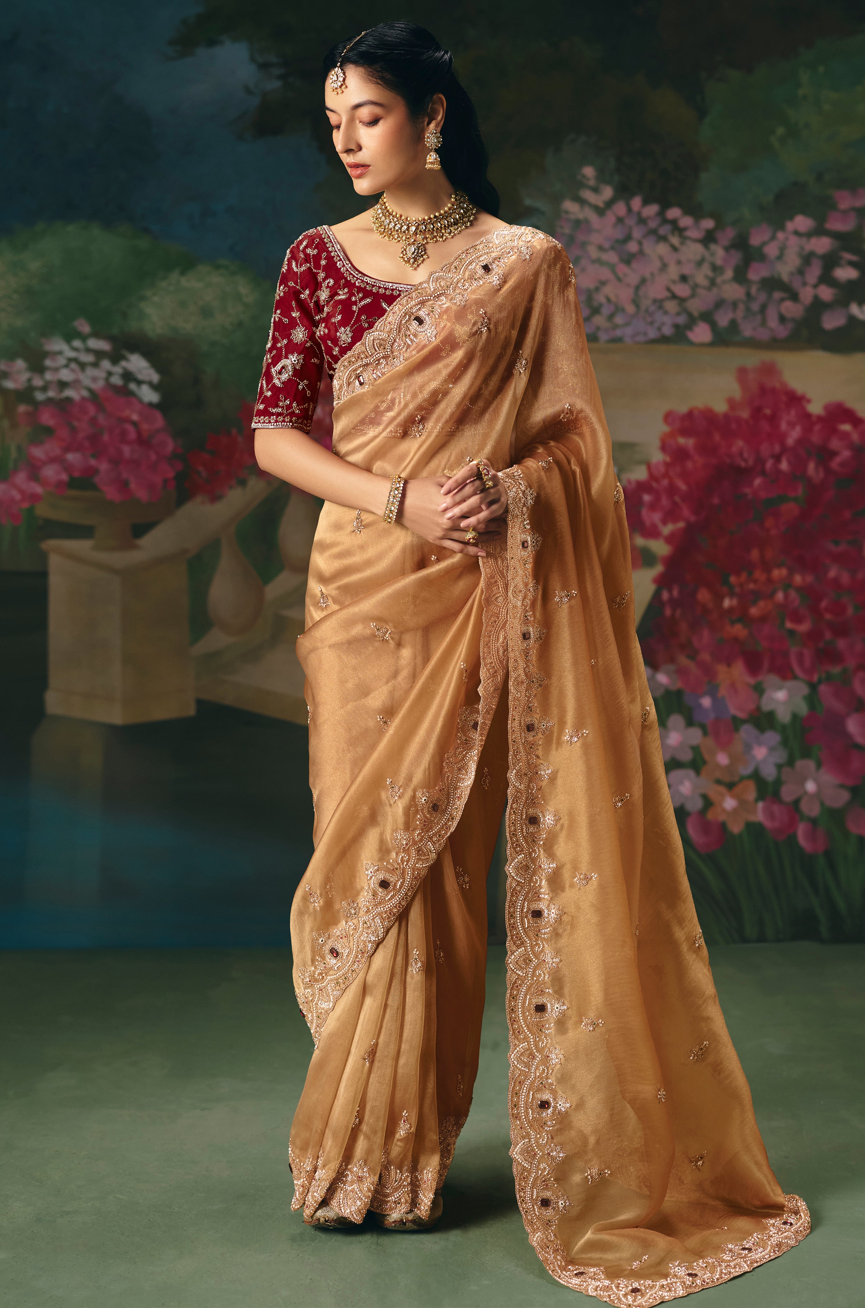 Chiku Saree With Heavy Designer Embroidery, Sequince, Stone, With Beads Work