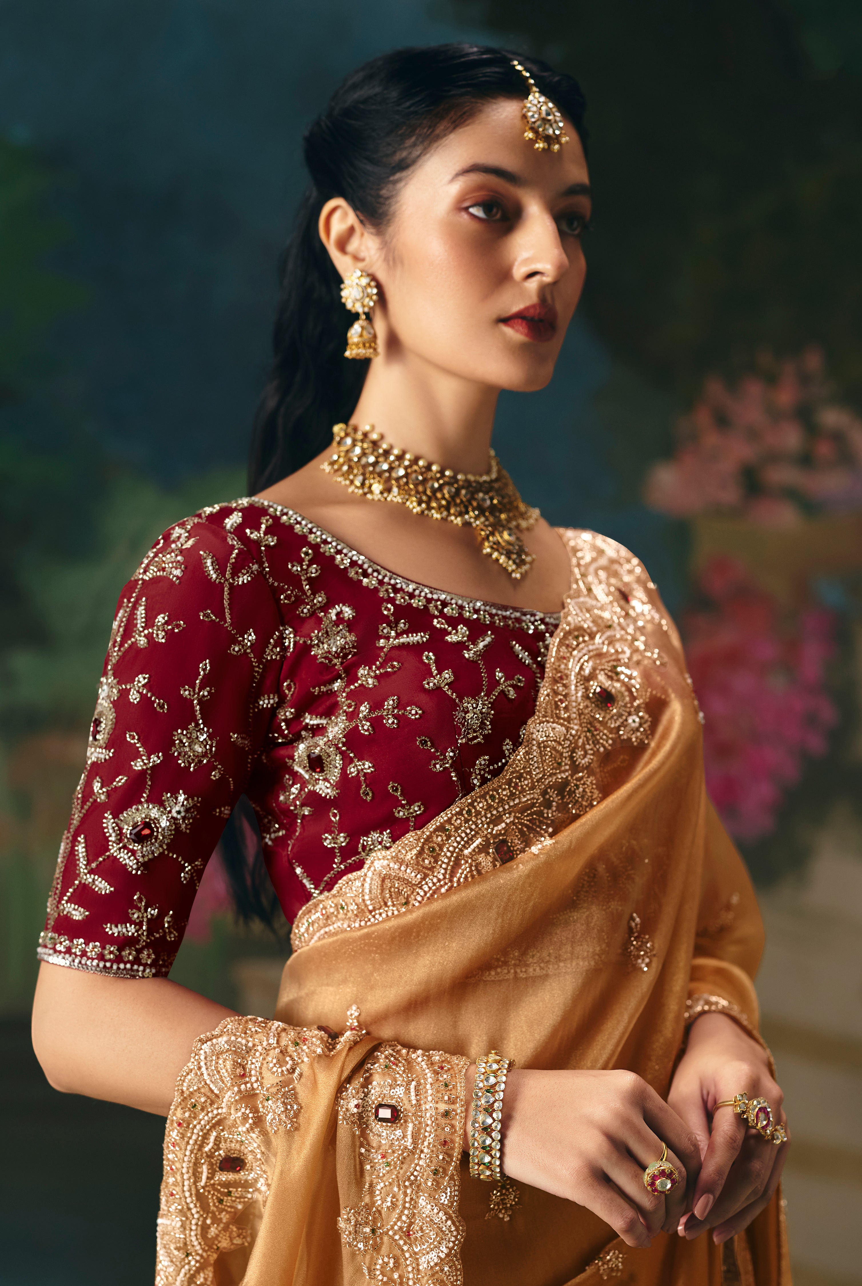 Chiku Saree With Heavy Designer Embroidery, Sequince, Stone, With Beads Work