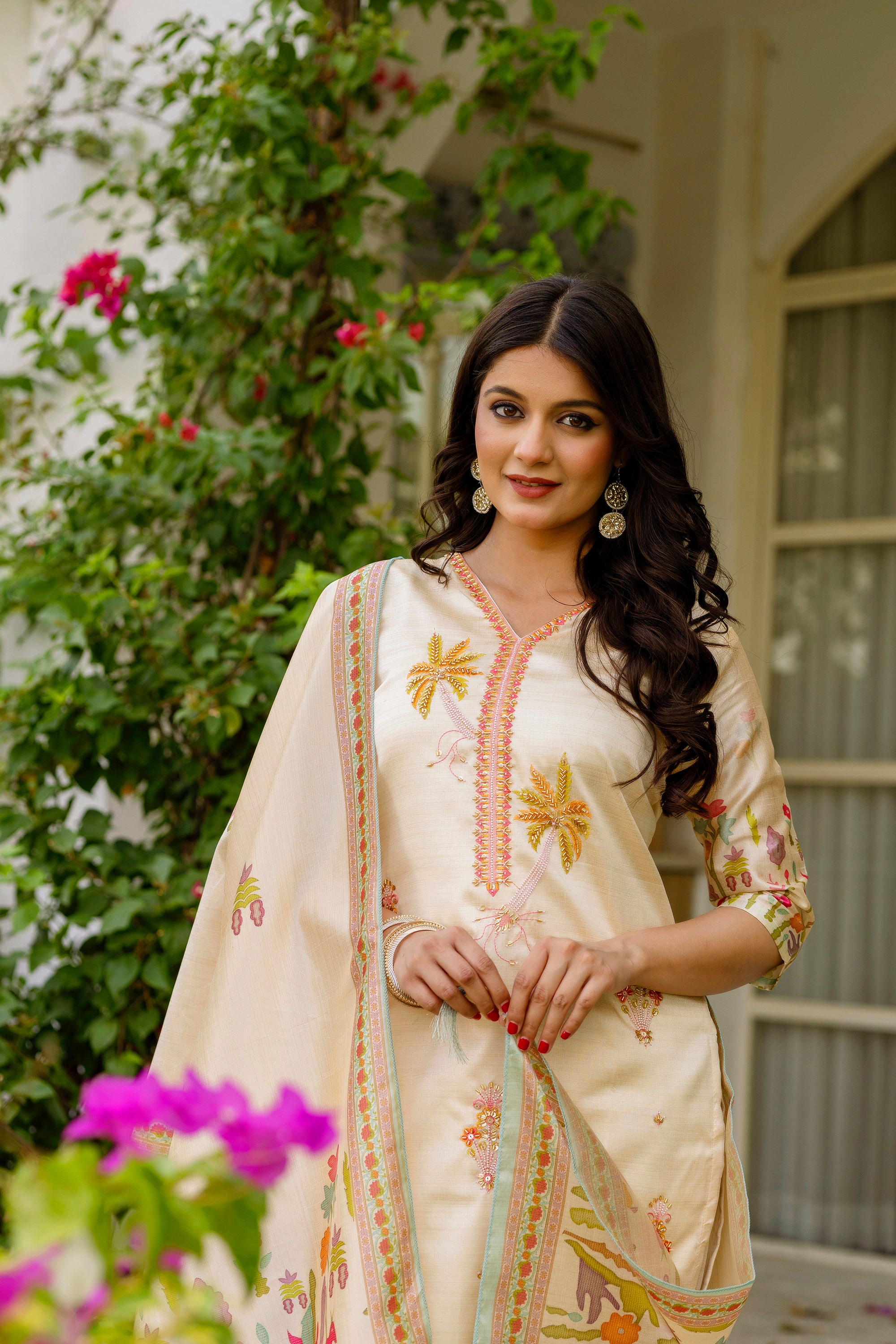 Chiku Viscose Assam Silk Elegant Kurta Pant Set With Embroidery Work