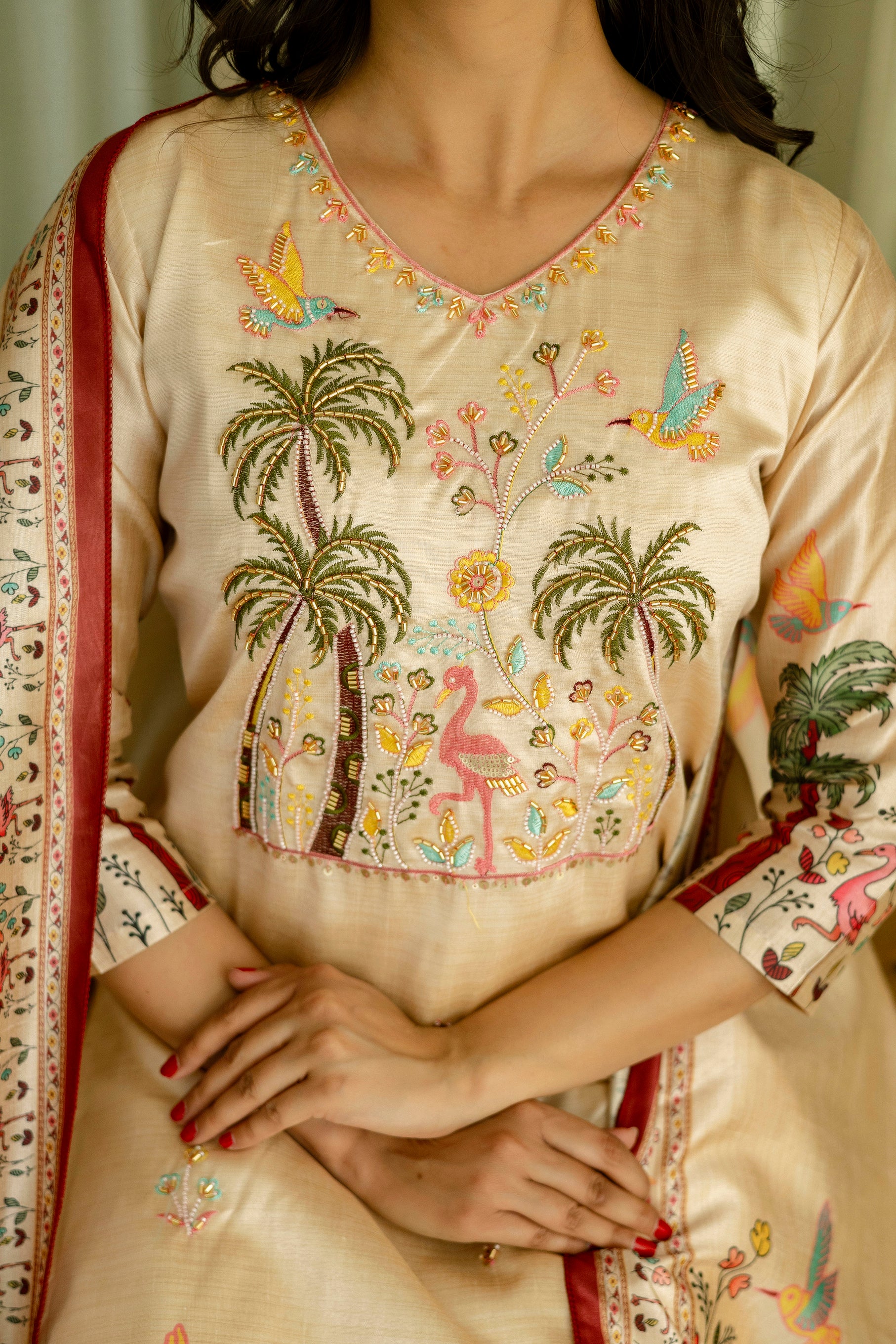 Chiku Viscose Assam Silk Elegant Kurta Pant Set With Embroidery Work
