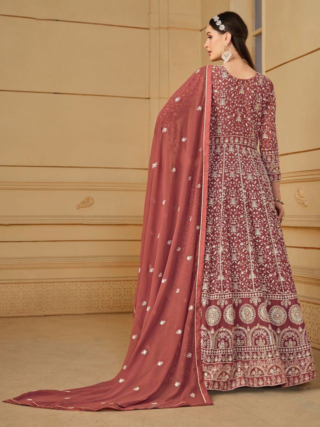 Chocolate Anarkali Suit With Heavy Thread Embroidery With Sequis Work