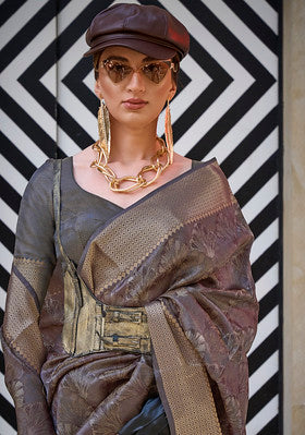 Chocolate Brown Saree With Handloom Jacquard Woven Work