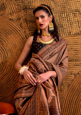 Chocolate Handloom Weaving Silk Saree With Woven Work