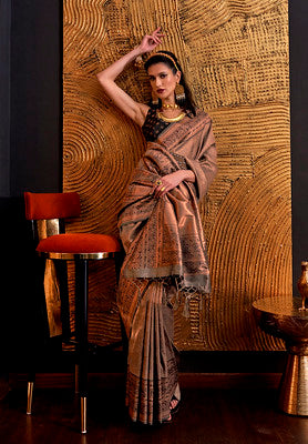 Chocolate Handloom Weaving Silk Saree With Woven Work