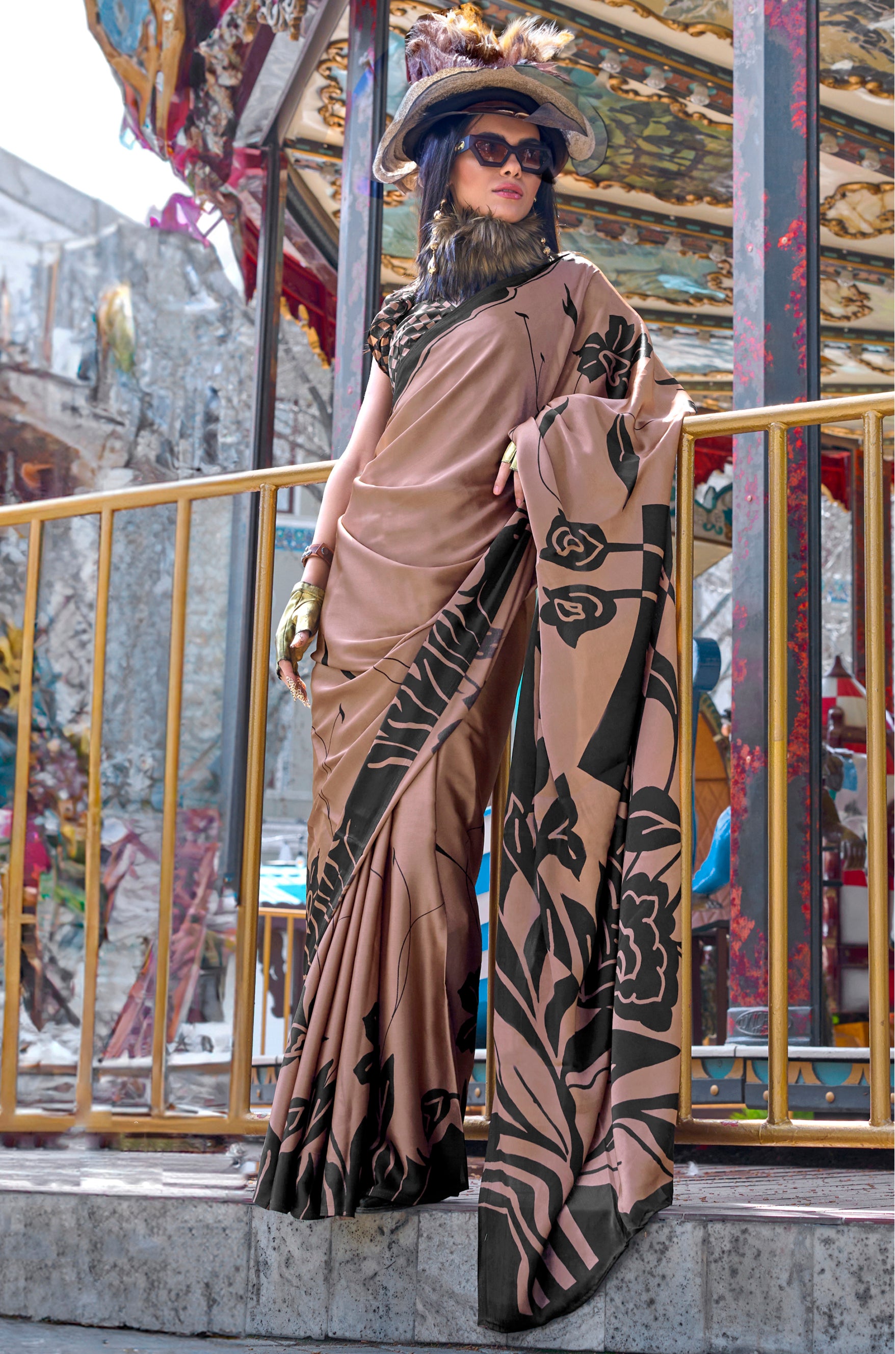 Chocolate Satin Saree With Digital Print