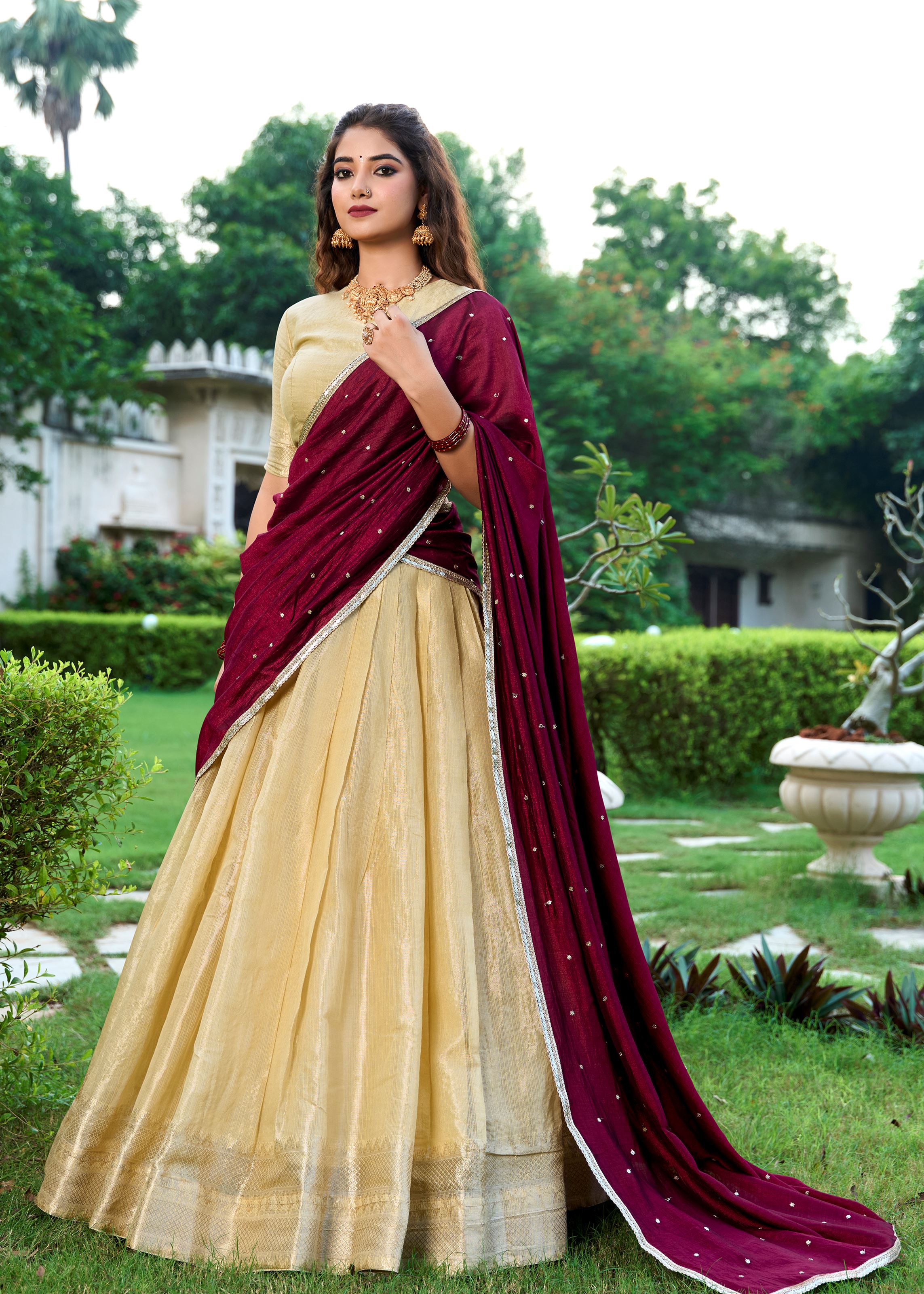 Classic Cream Elegance With A Touch Of Tradition Kanchipuram Lehenga