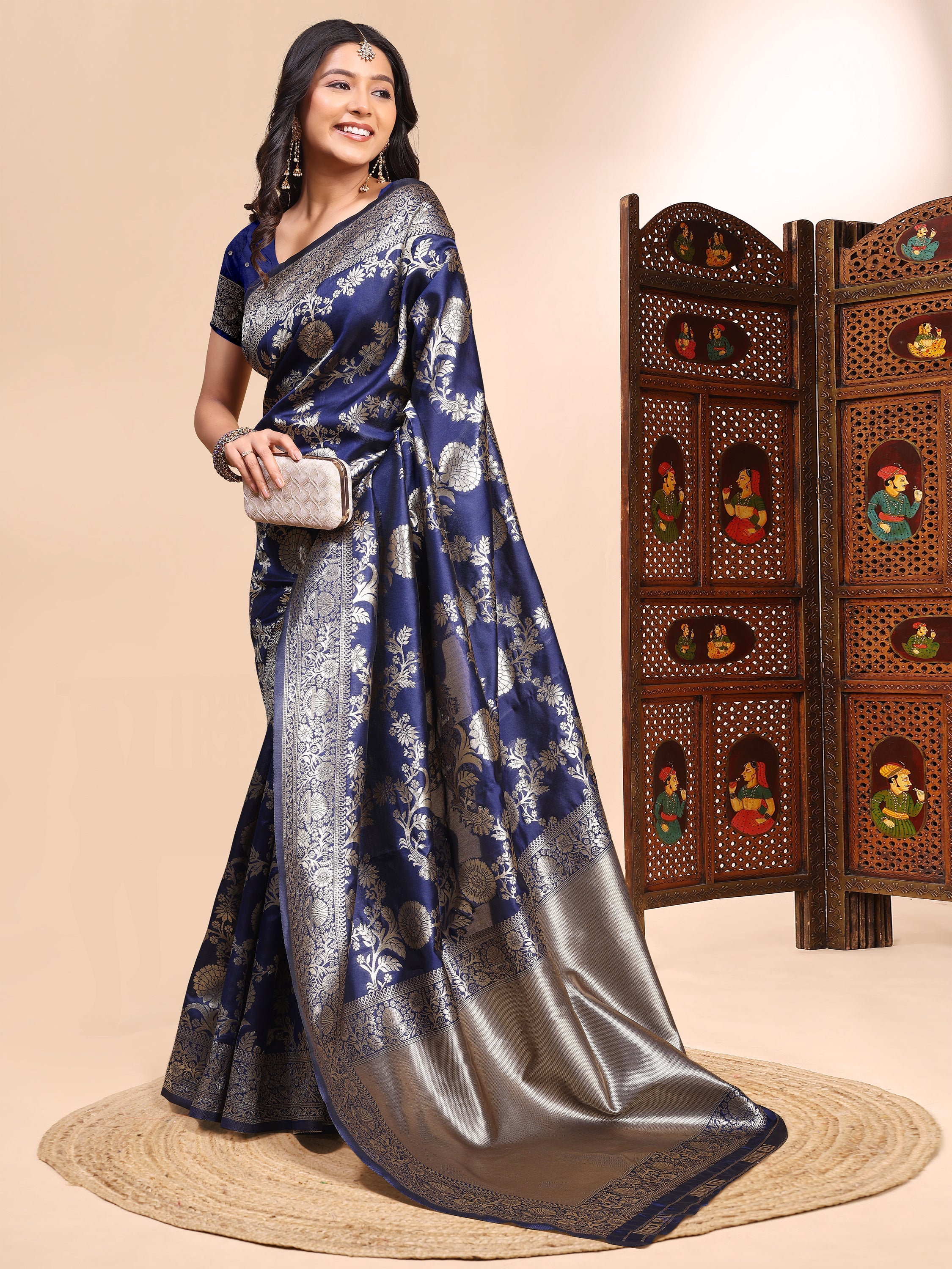 Classic Navy Blue Lichi Silk Saree with Designer Zari Work