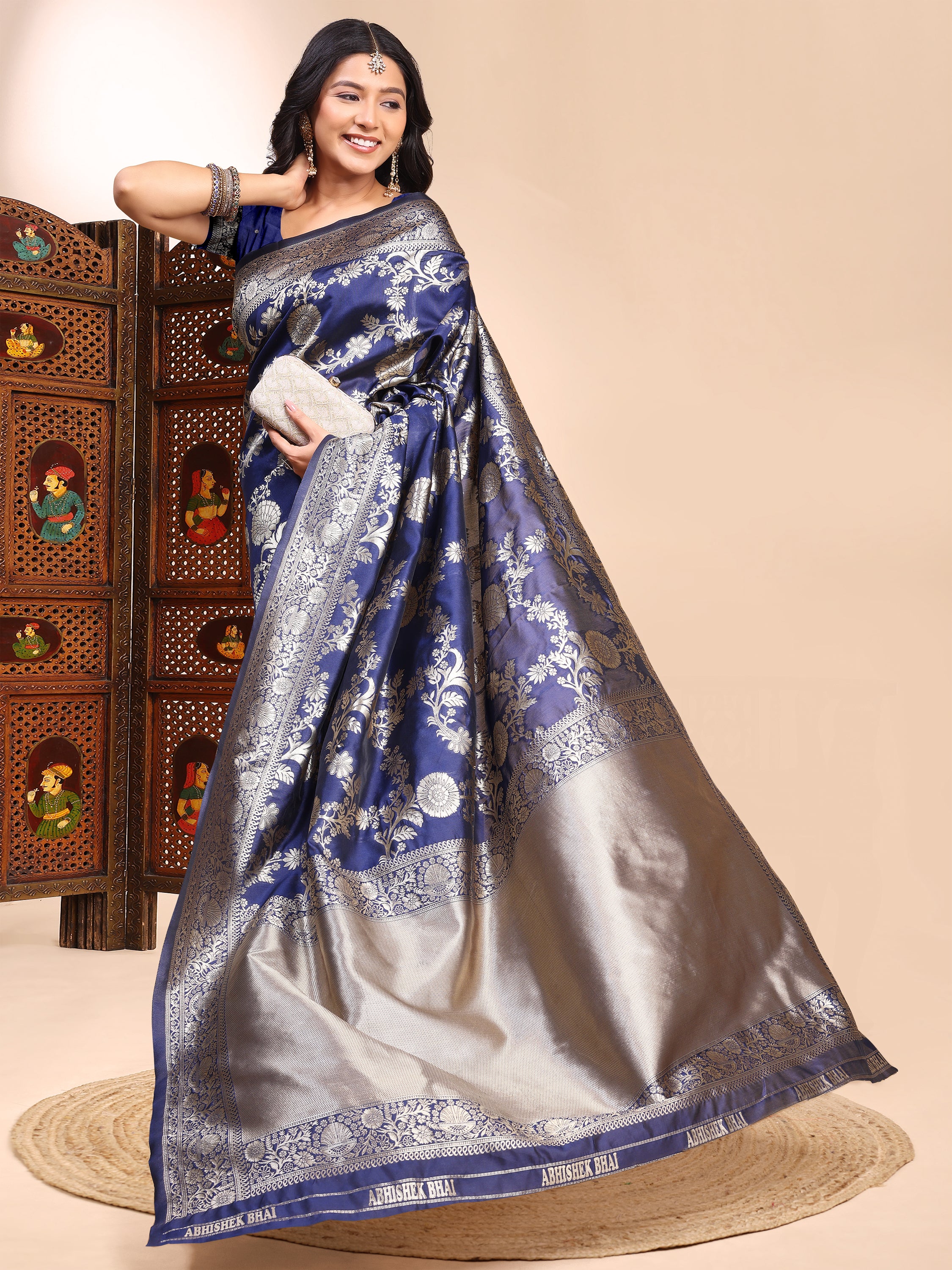 Classic Navy Blue Lichi Silk Saree with Designer Zari Work