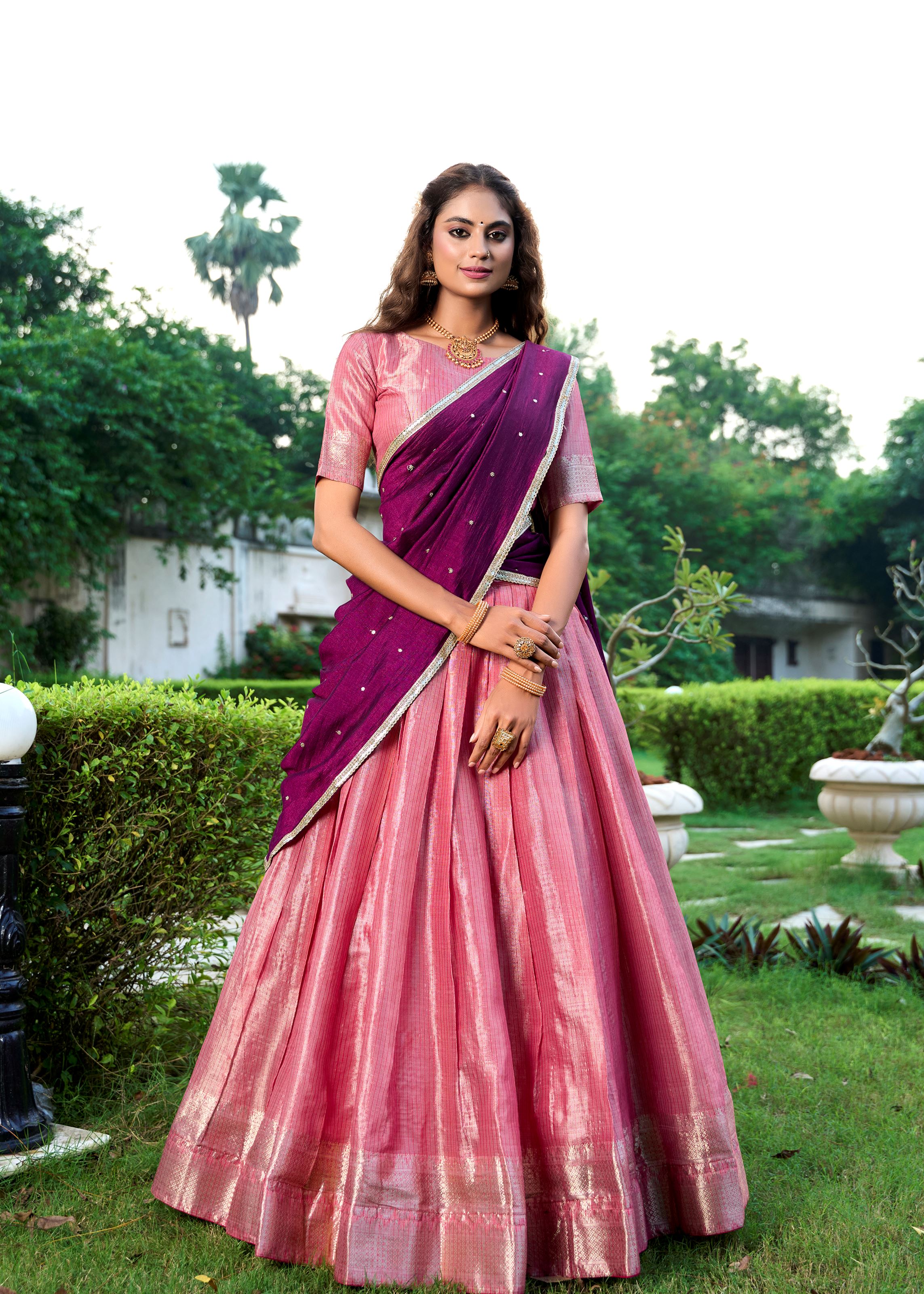 Classic Salmon Elegance With A Touch Of Tradition Kanchipuram Lehenga