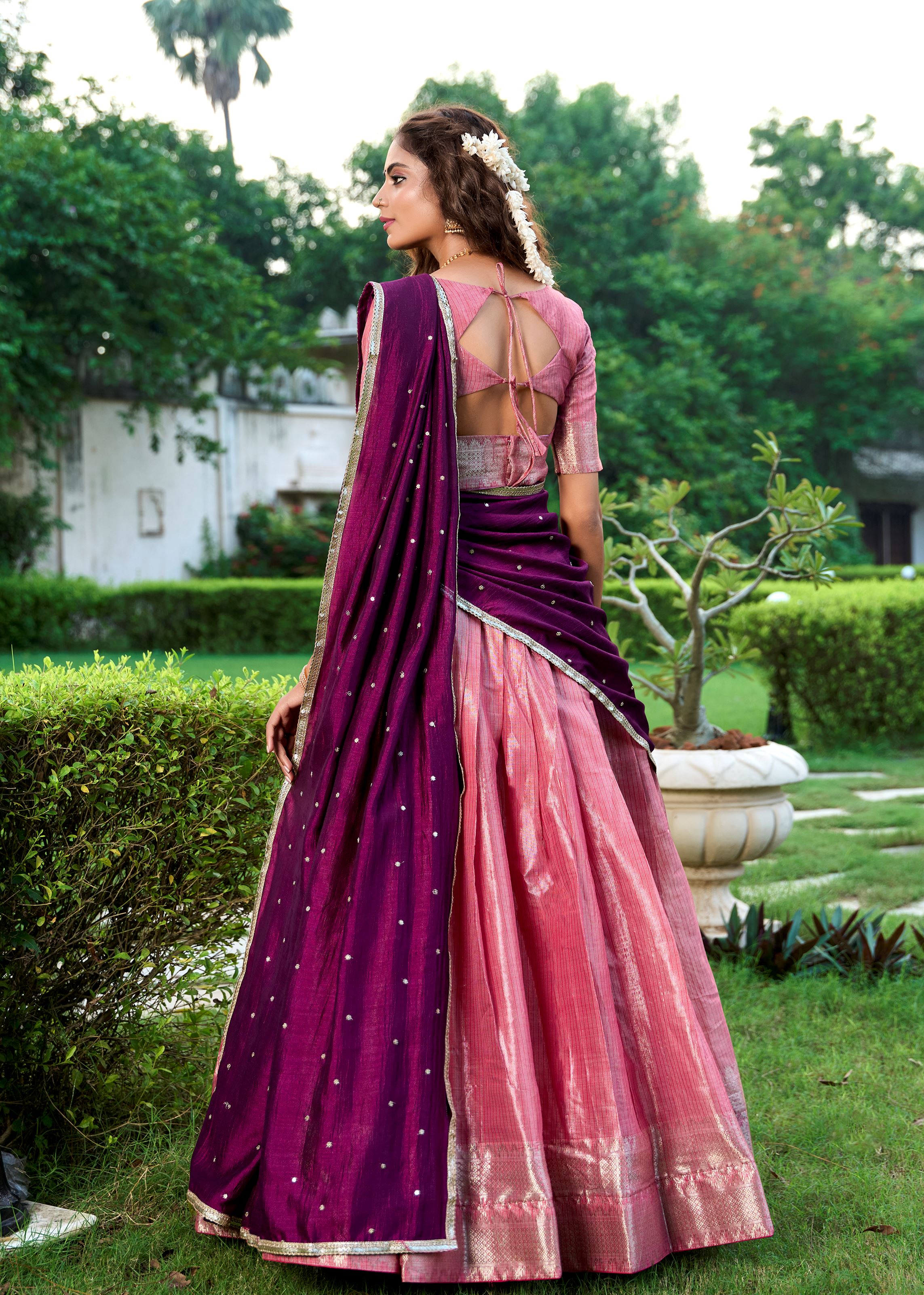 Classic Salmon Elegance With A Touch Of Tradition Kanchipuram Lehenga