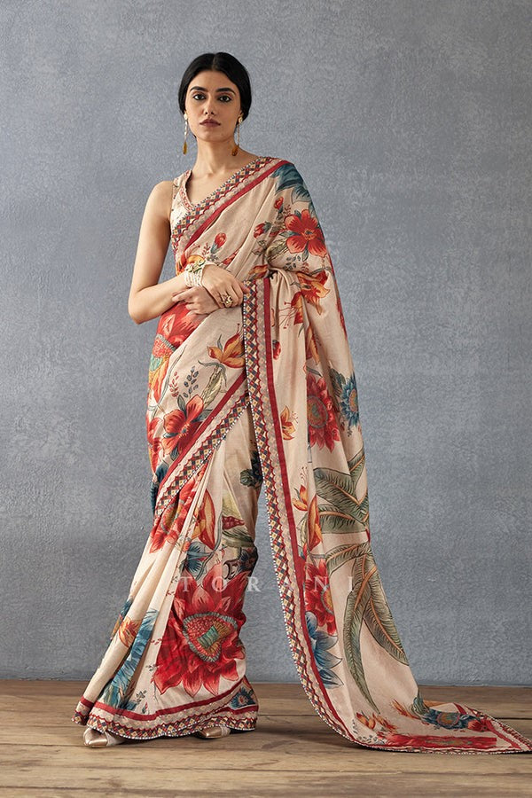 Coconut Bright Moss Saree With Printed