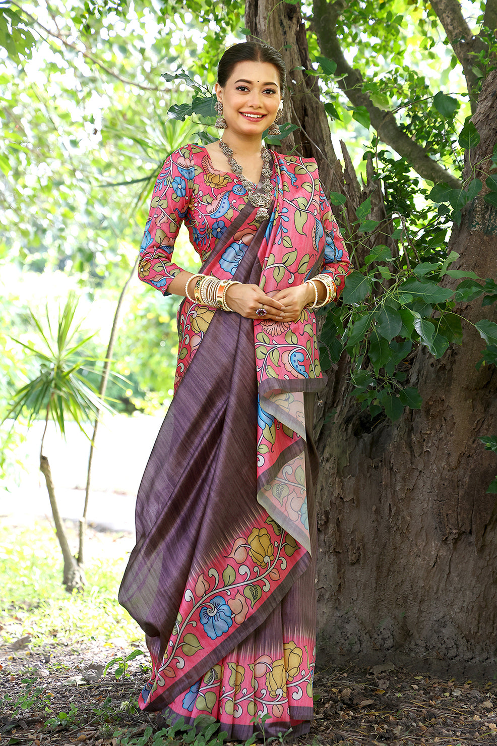 Coffee Cotton Silk Saree with Solid Design and Printed Pallu