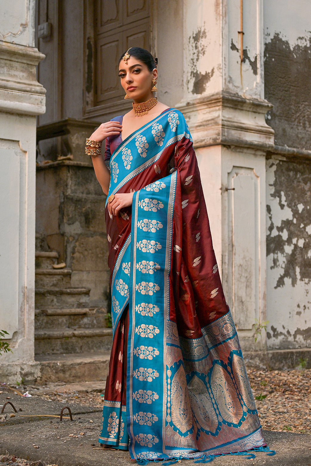 Coffee Kanchi Silk Saree with Leaf Design and Contrast Pallu