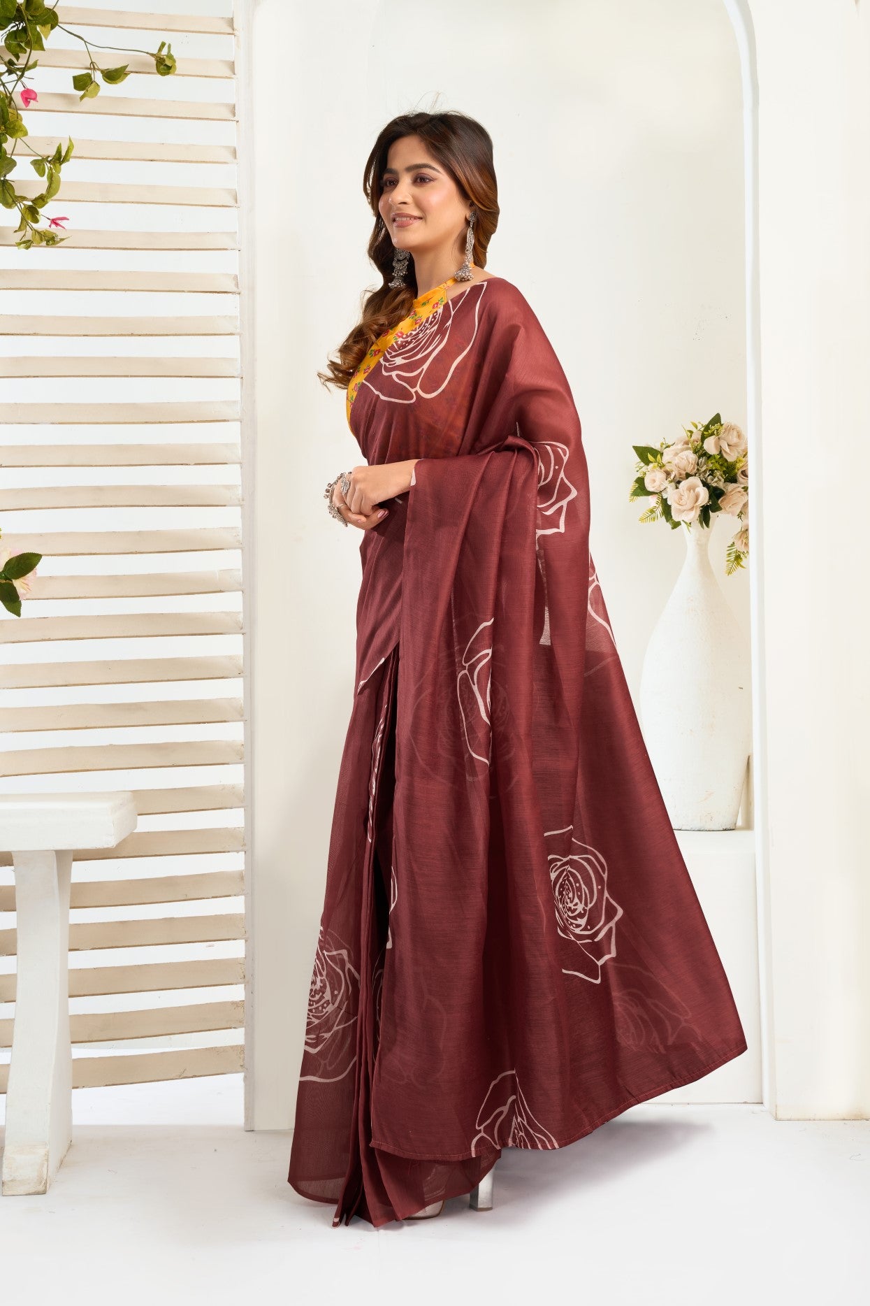 Coffee Linen Ready To Wear Saree With Zari Border Printed