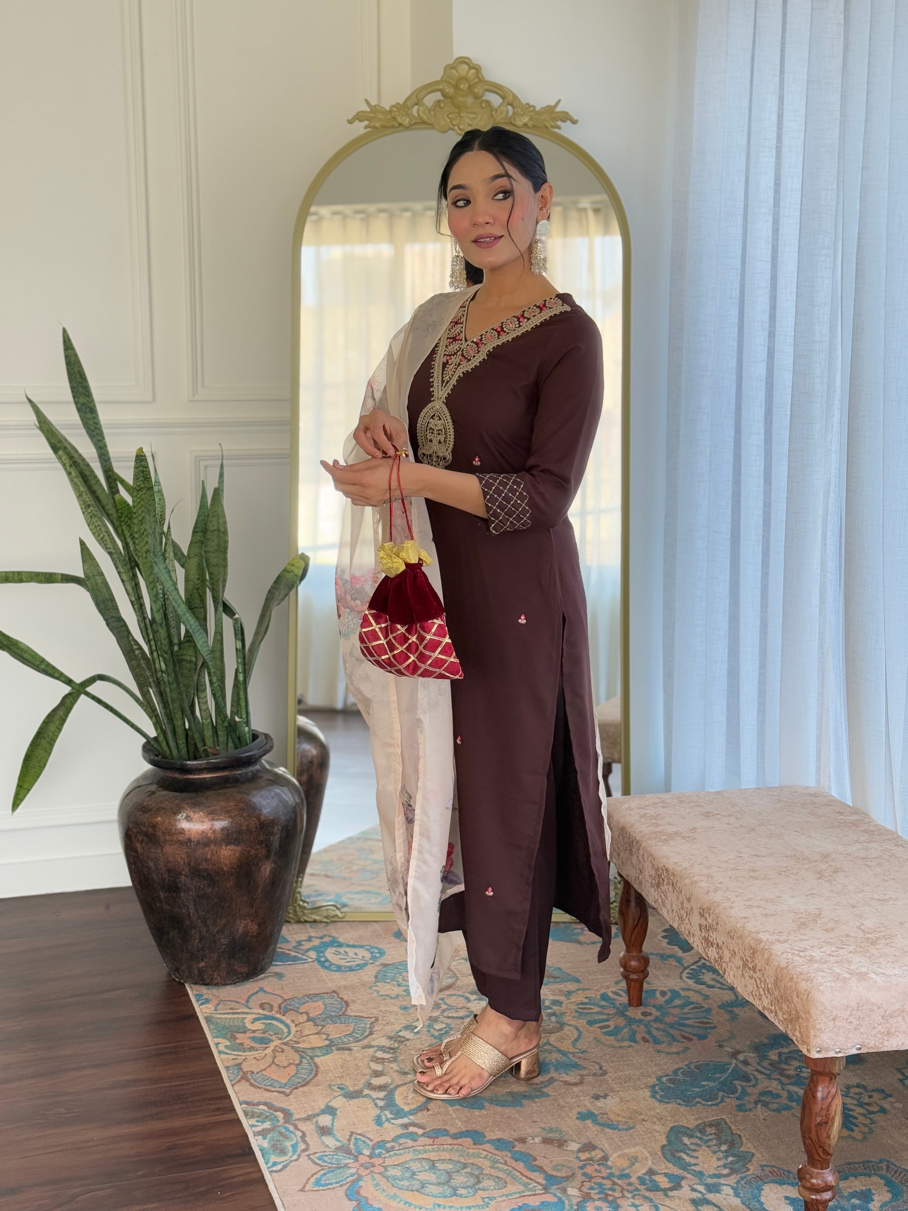 Coffee Rayon Slub Elegant Kurta Pant Set With Embroidery Work