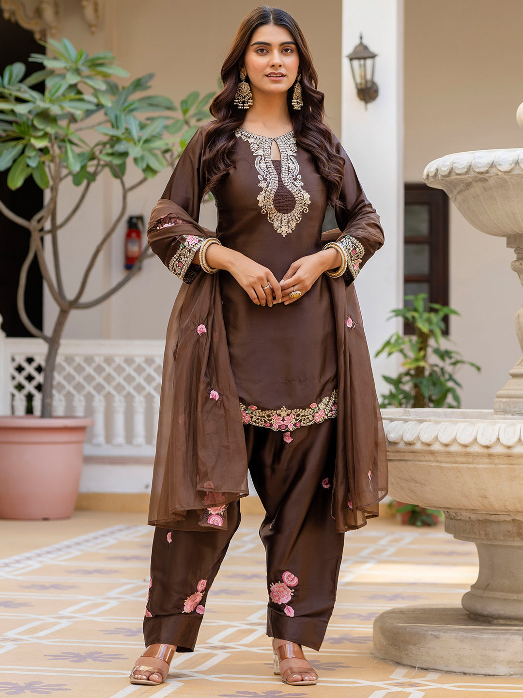 Coffee Satin Kurta Patiala Pant Set With Heavy Thread Embroidery Sequins Work