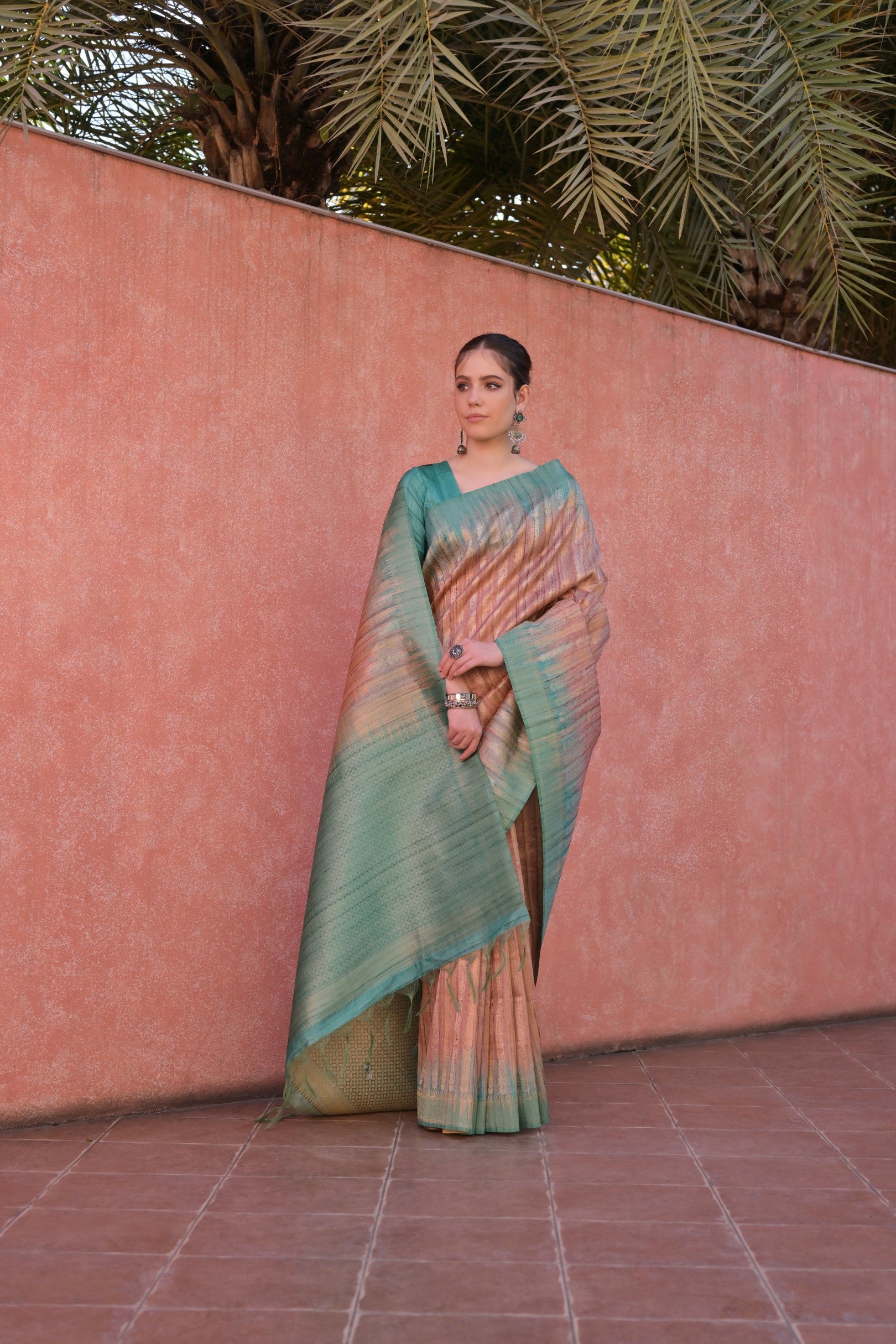 Coffee Tussar Silk Saree with Ethnic Motifs and Contrast Pallu