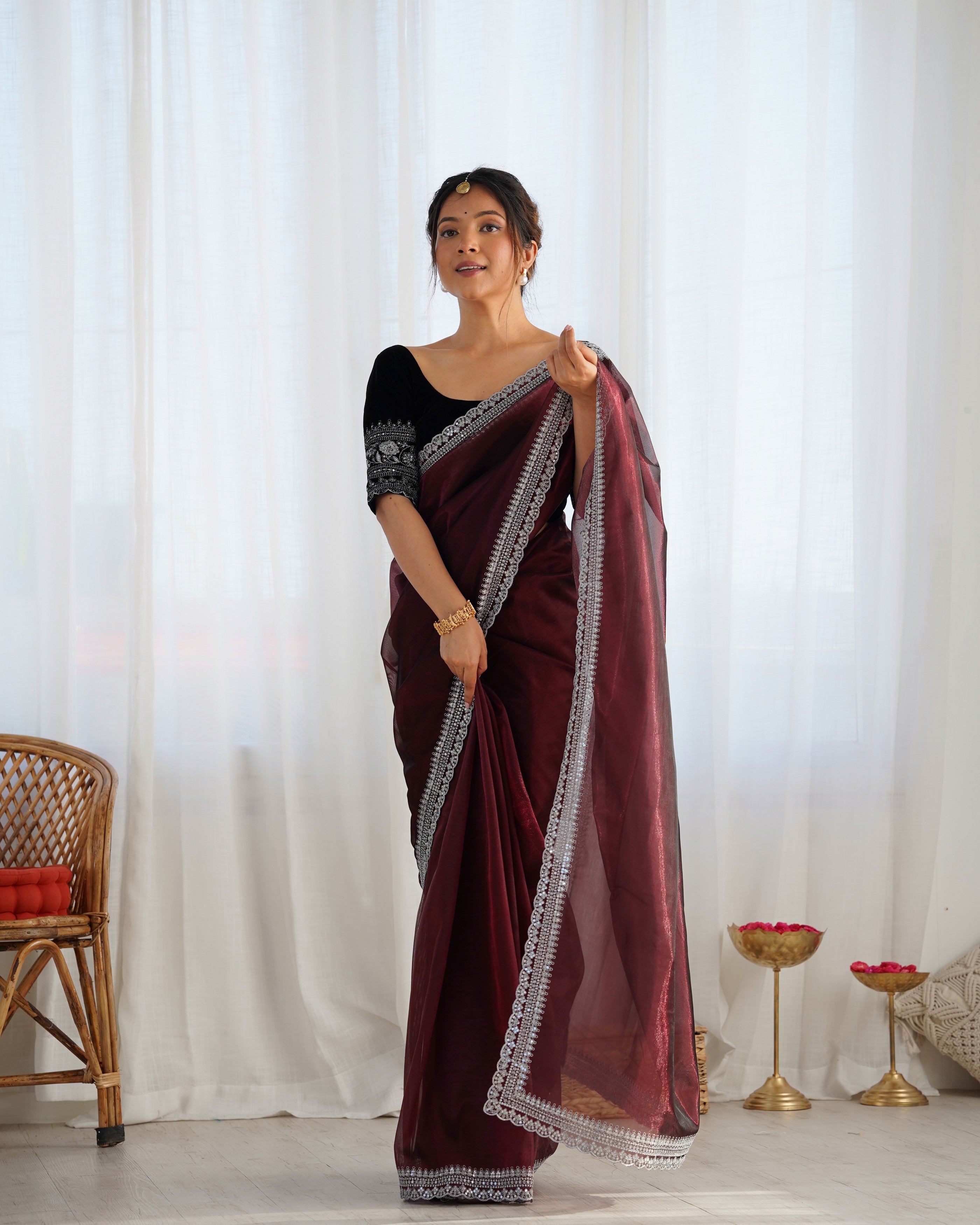 Coffee Twill Net Glamorous Bollywood Style Sequins Work Saree