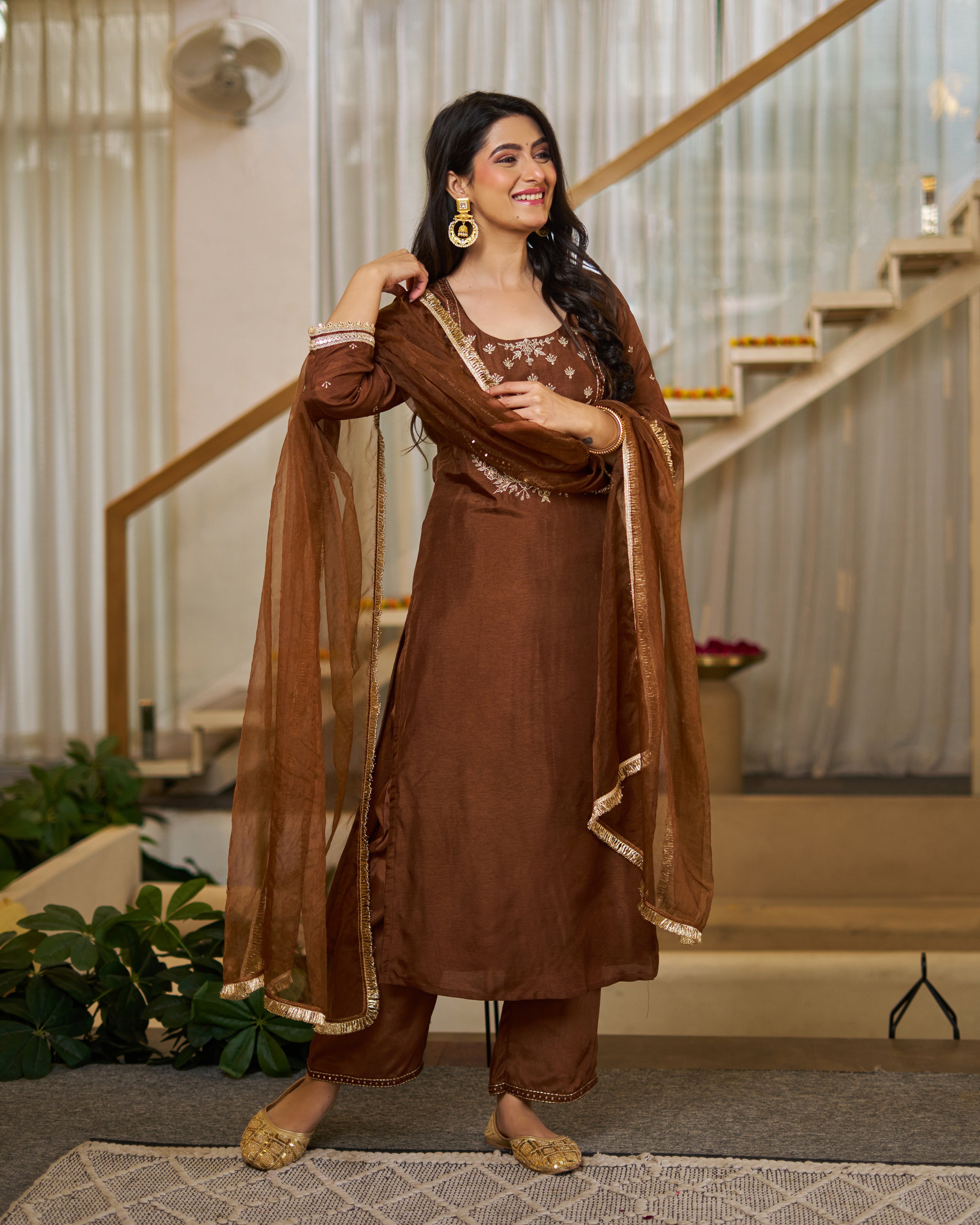 Coffee Vichitra Silk Kurta Pant Set With Heavy Thread Embroidery Work