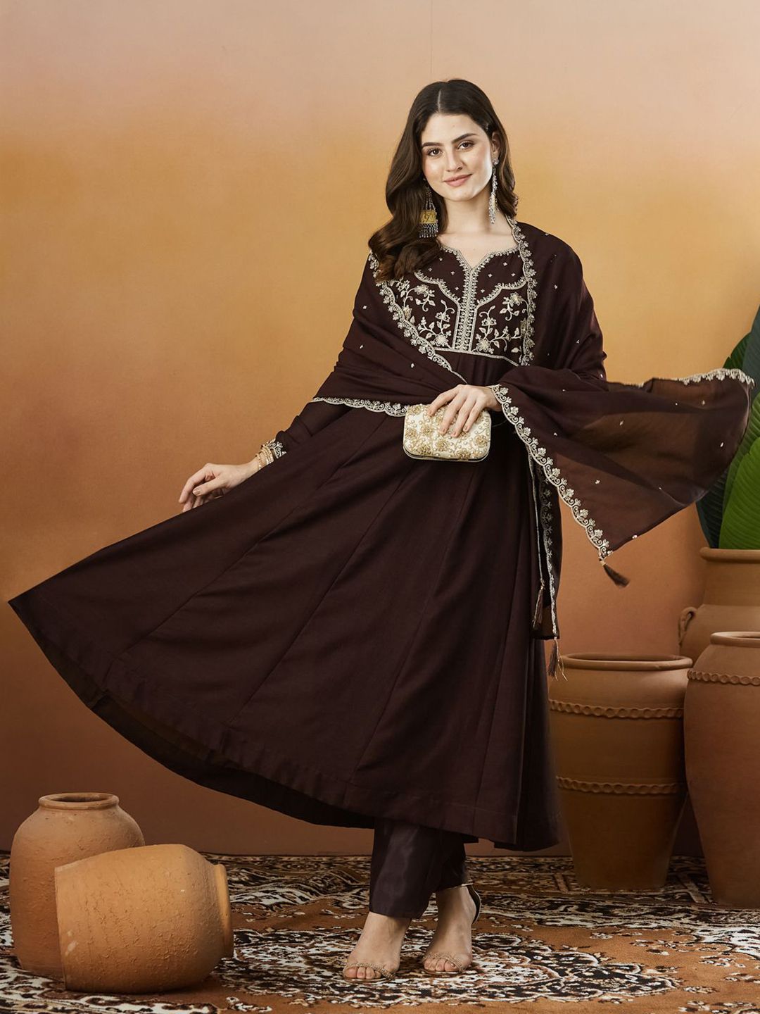 Coffee Vichitra Silk Kurta Pant Set With Heavy Thread Embroidery Work