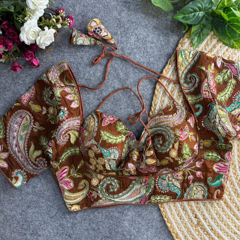 Copper Luxe Masaba-Inspired Silk Blouse with Embroidery & Sequins
