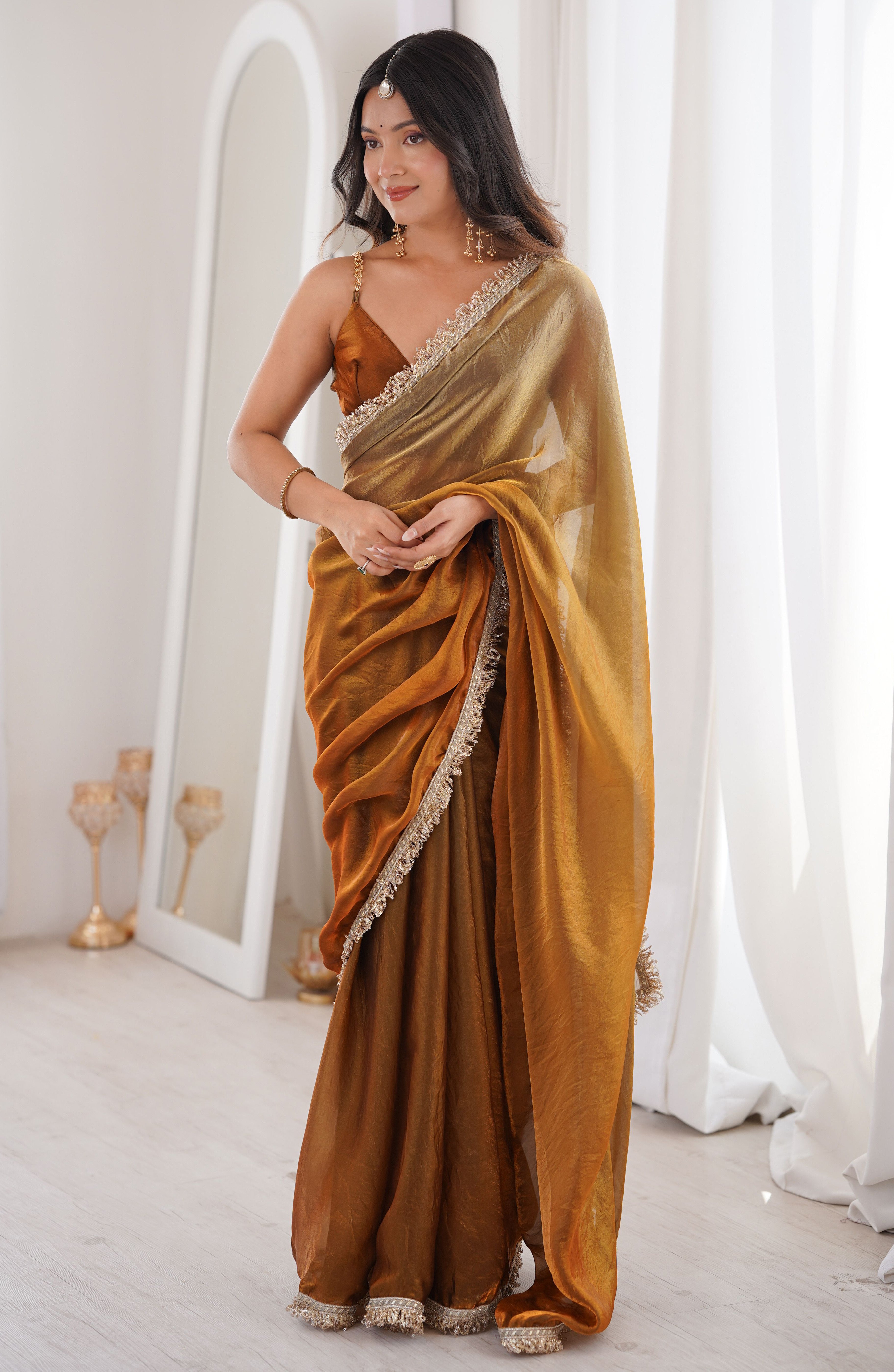 Copper Fendi Satin Saree with Designer Double Shaded Zari Work