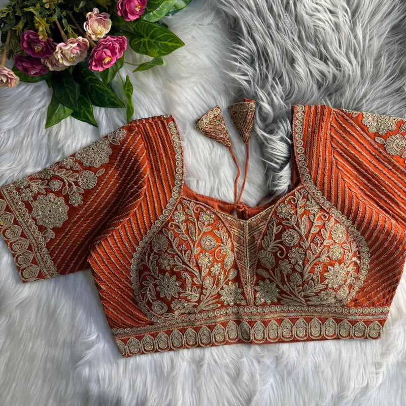 Copper Heavy Bridal Madhubala Style Italian Silk Blouse with Embroidery & Sequins Work