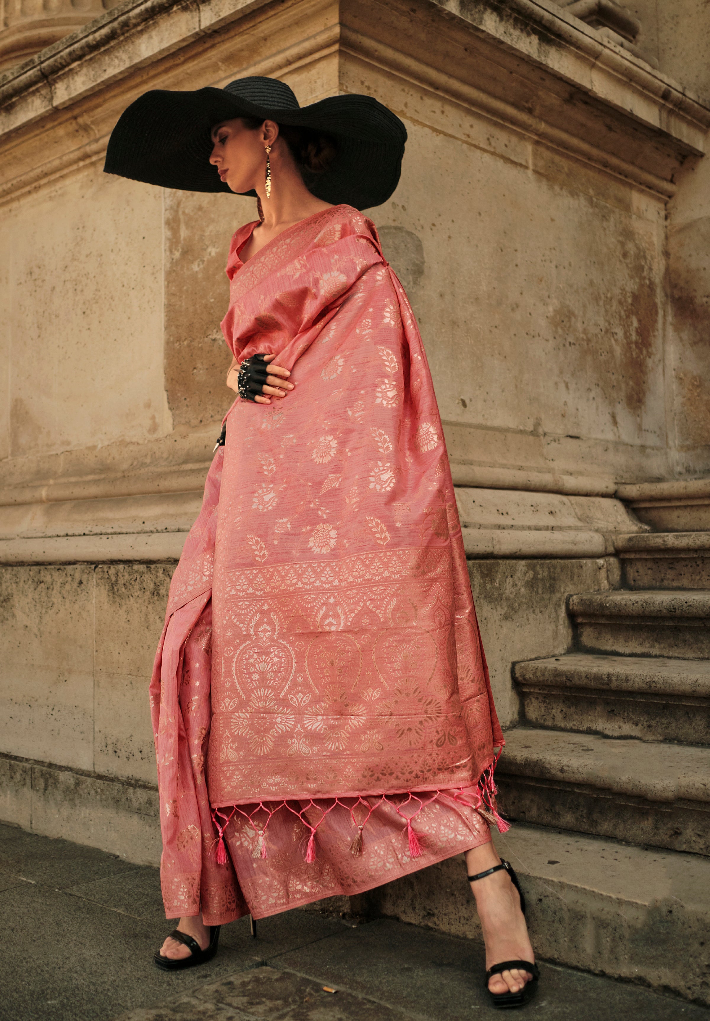 Coral Gota Zari Weaving Silk Saree With Woven Work