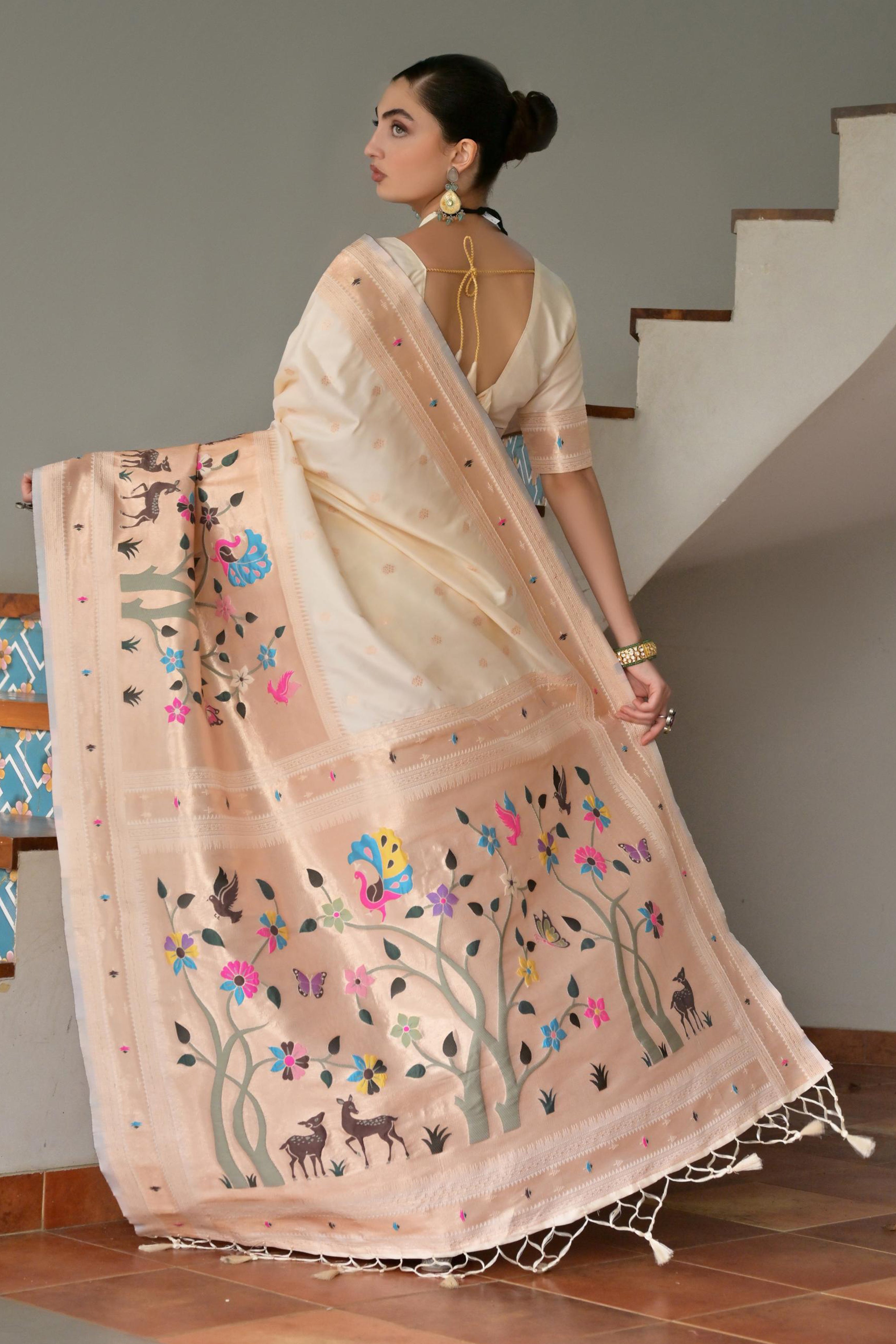 Cream Banarasi Silk Saree with Elegant Paithani Woven Work
