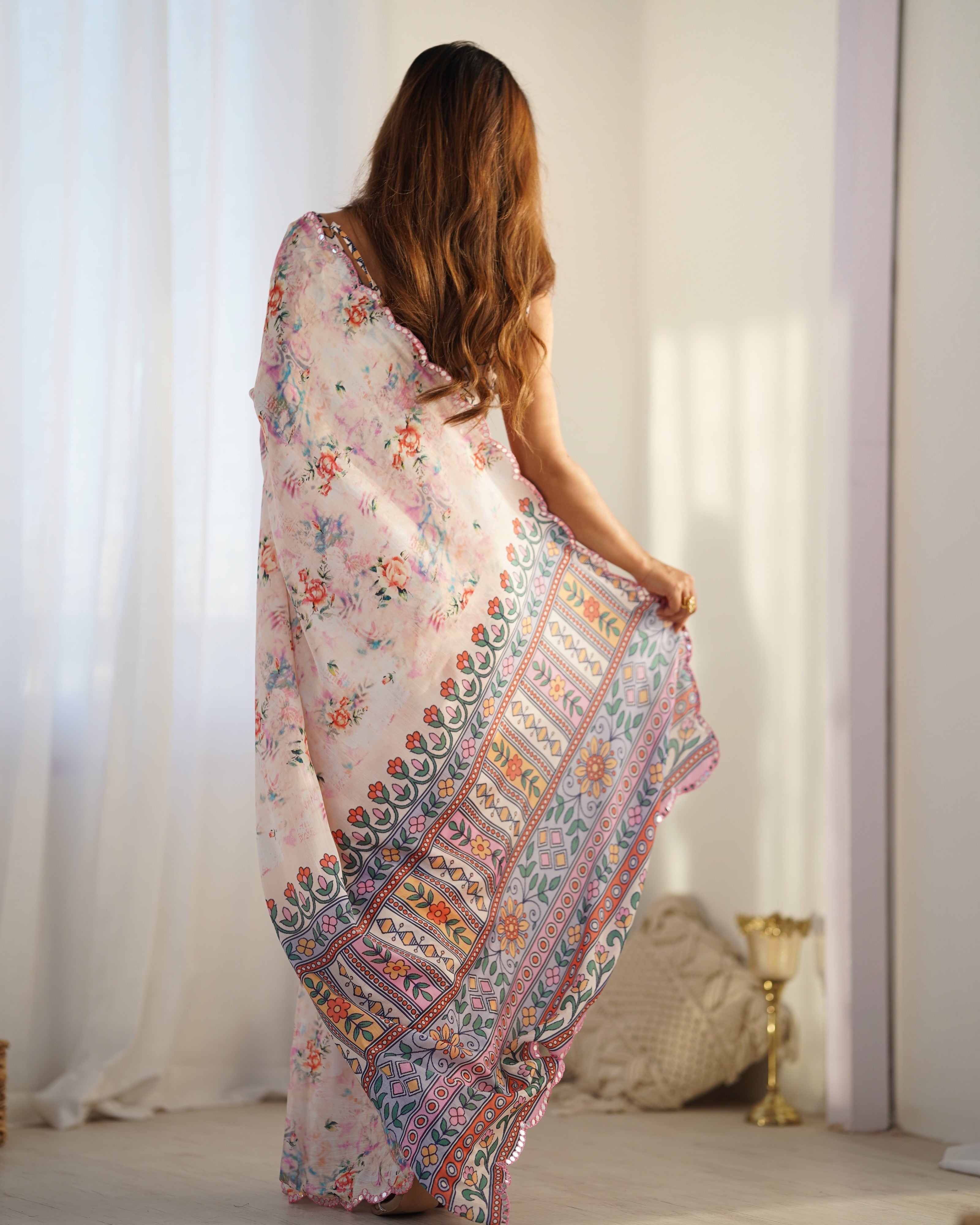 Cream Beautiful Chinon Fabric Digital Printed Saree With Mirror Cut Work