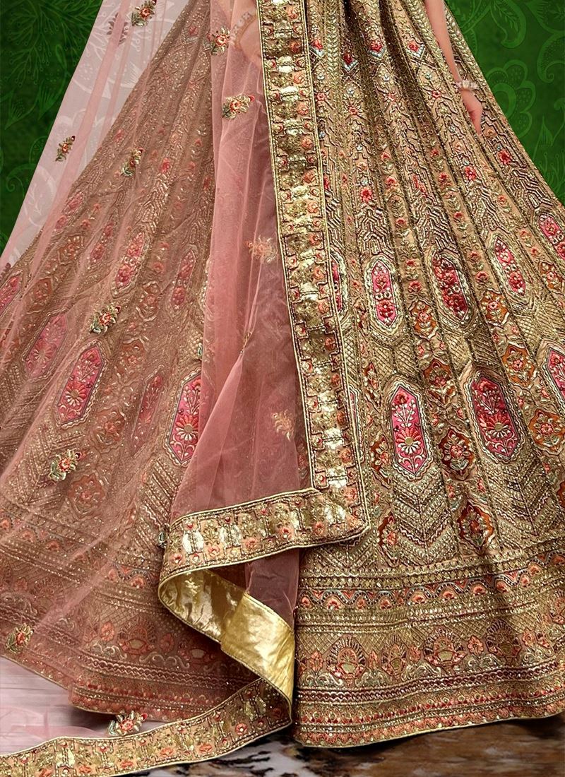 Cream Bridal Net Lehenga Choli With Embroidery Work