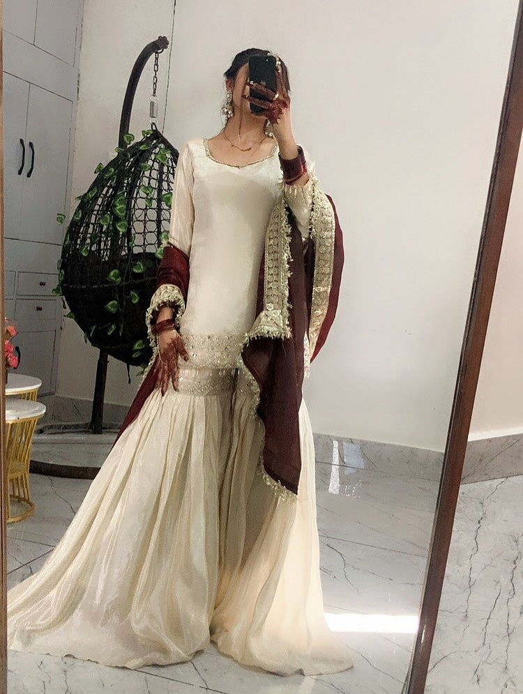 Cream Chinon Silk Kurta With Sharara Set With Heavy Thread Embroidery Work