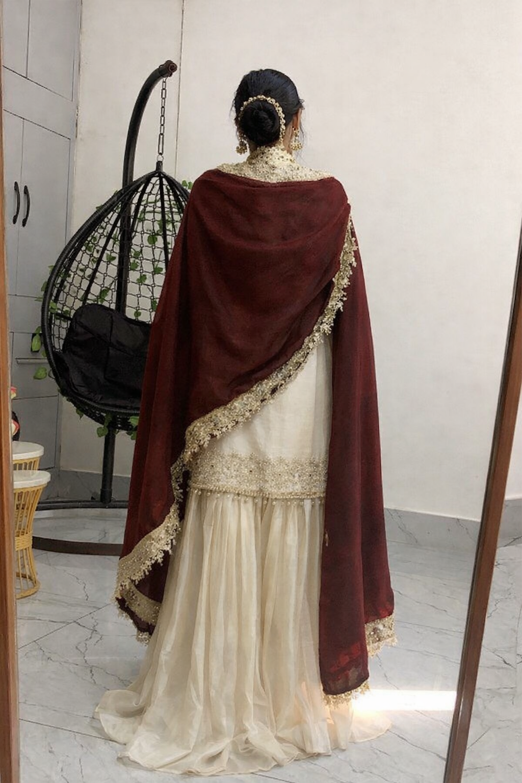 Cream Chinon Silk Kurta With Sharara Set With Heavy Thread Embroidery Work