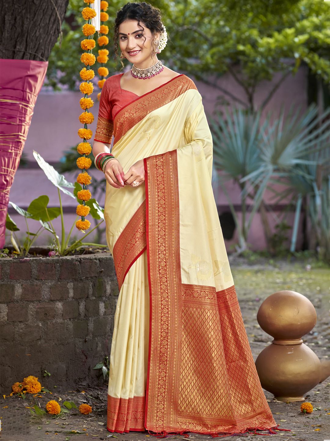 Cream Color Silk Weaving Classic Saree