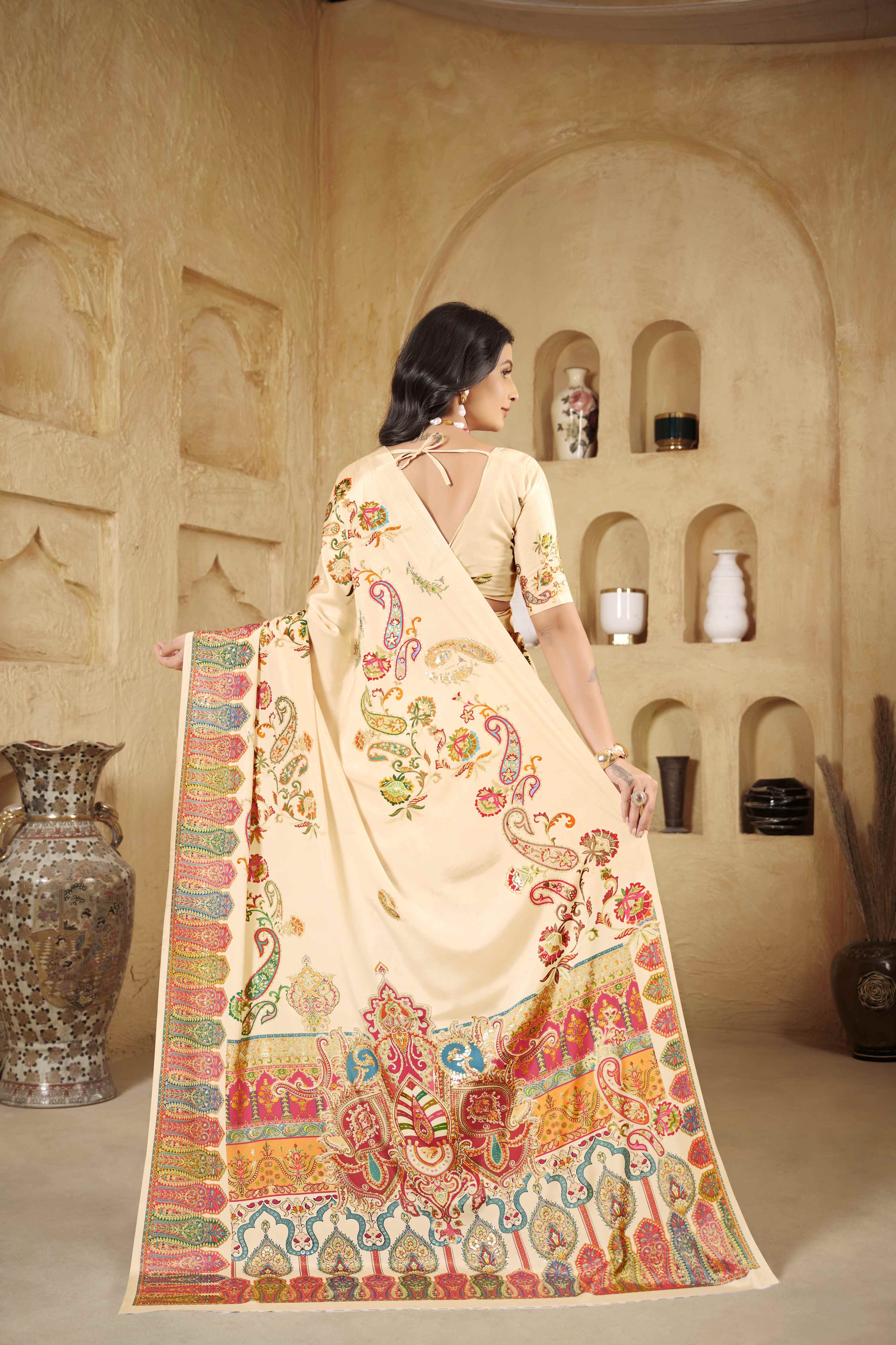 Cream Designer Position Digital Foil Printed Crepe Silk Ethnic Festive Saree