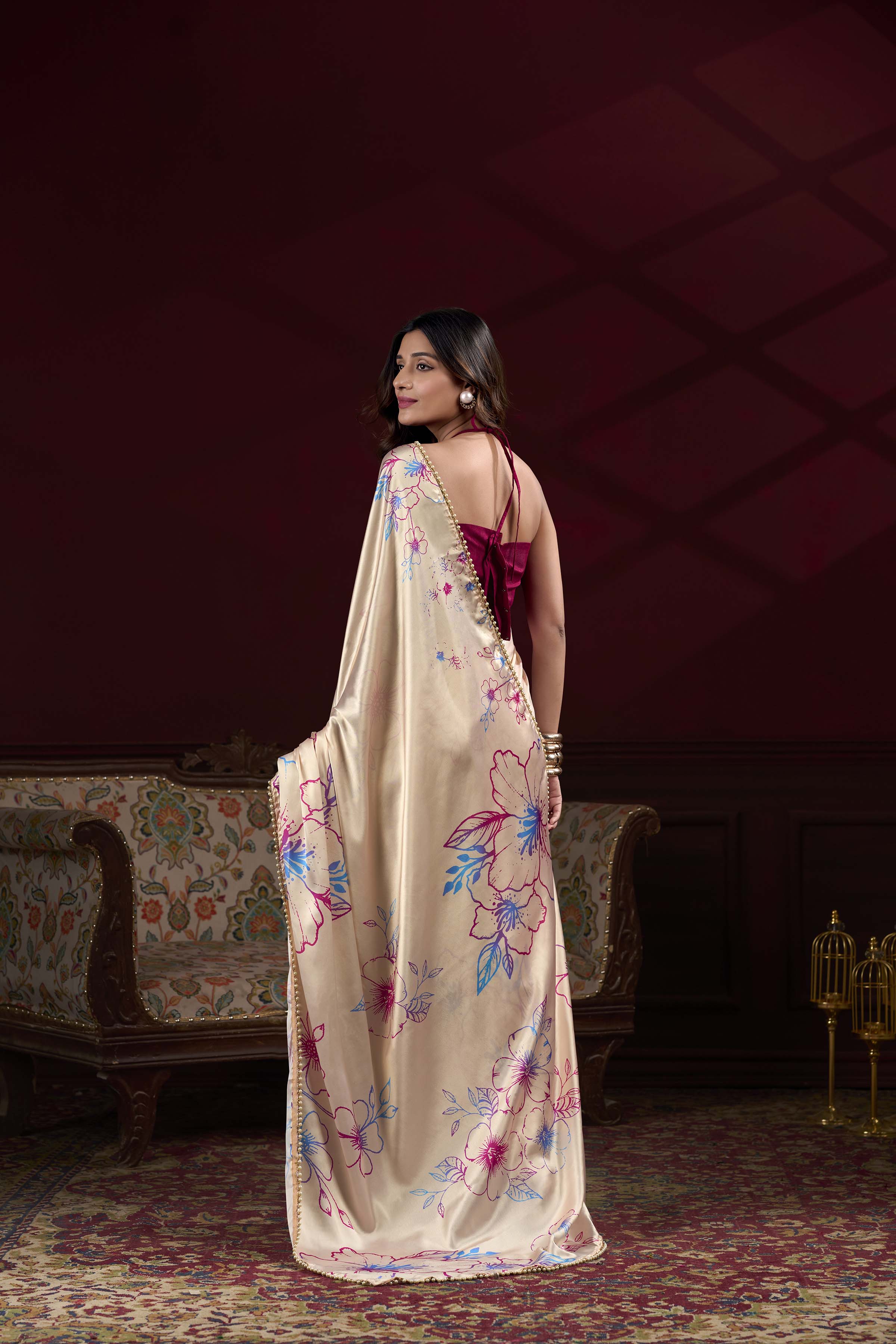 Cream Floral Printed Satin Silk Saree with Pearl Lace Border