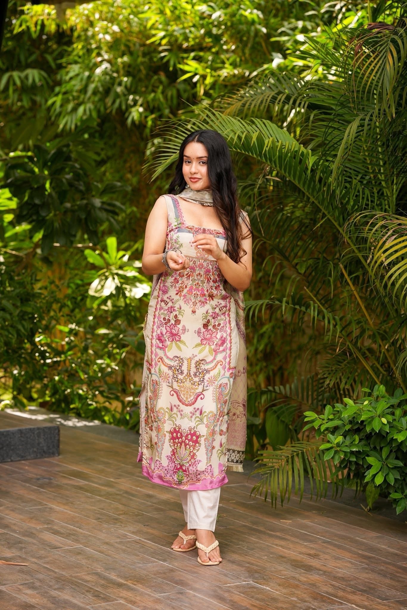 Cream French Crepe Kurta Pant Set Printed