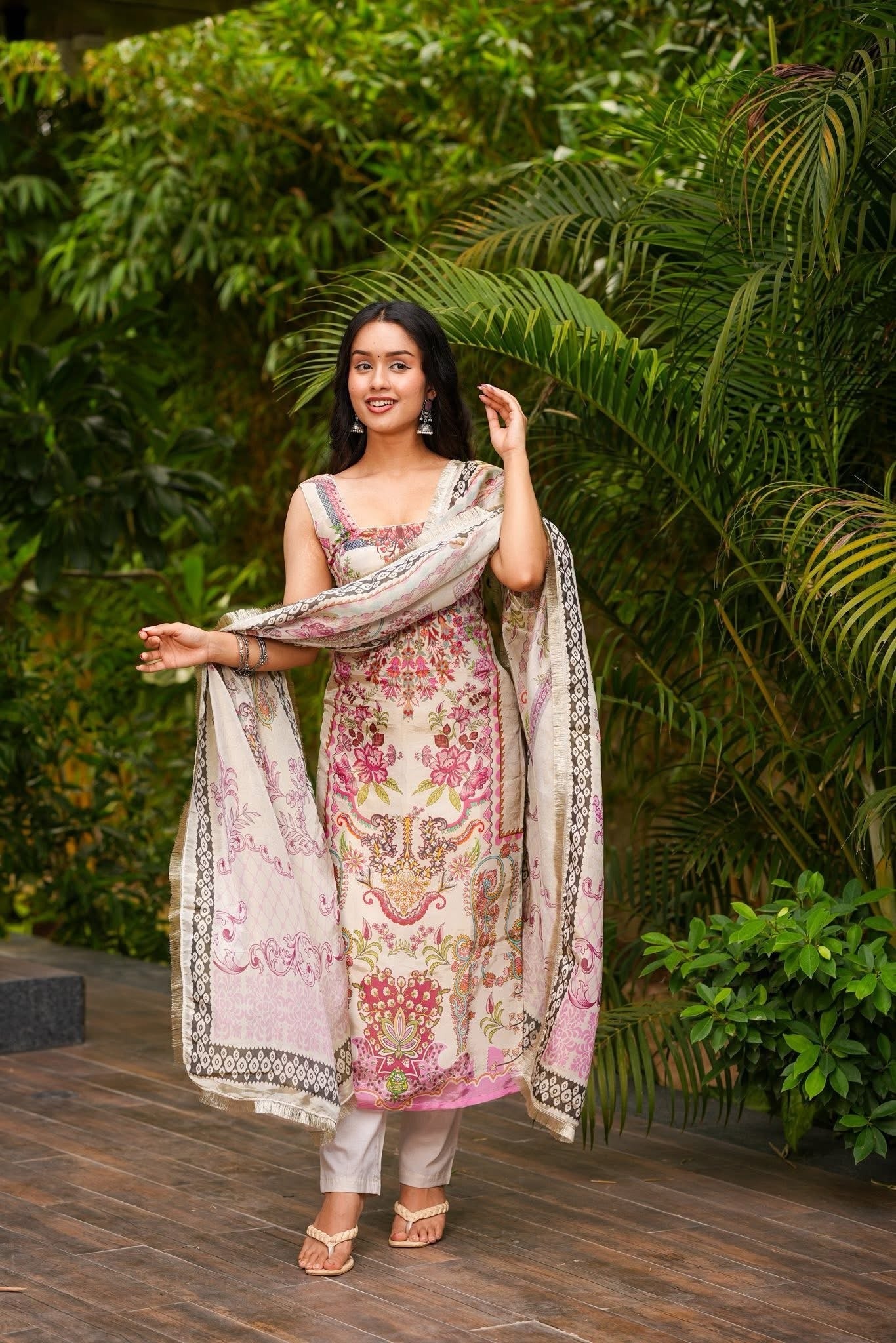 Cream French Crepe Kurta Pant Set Printed