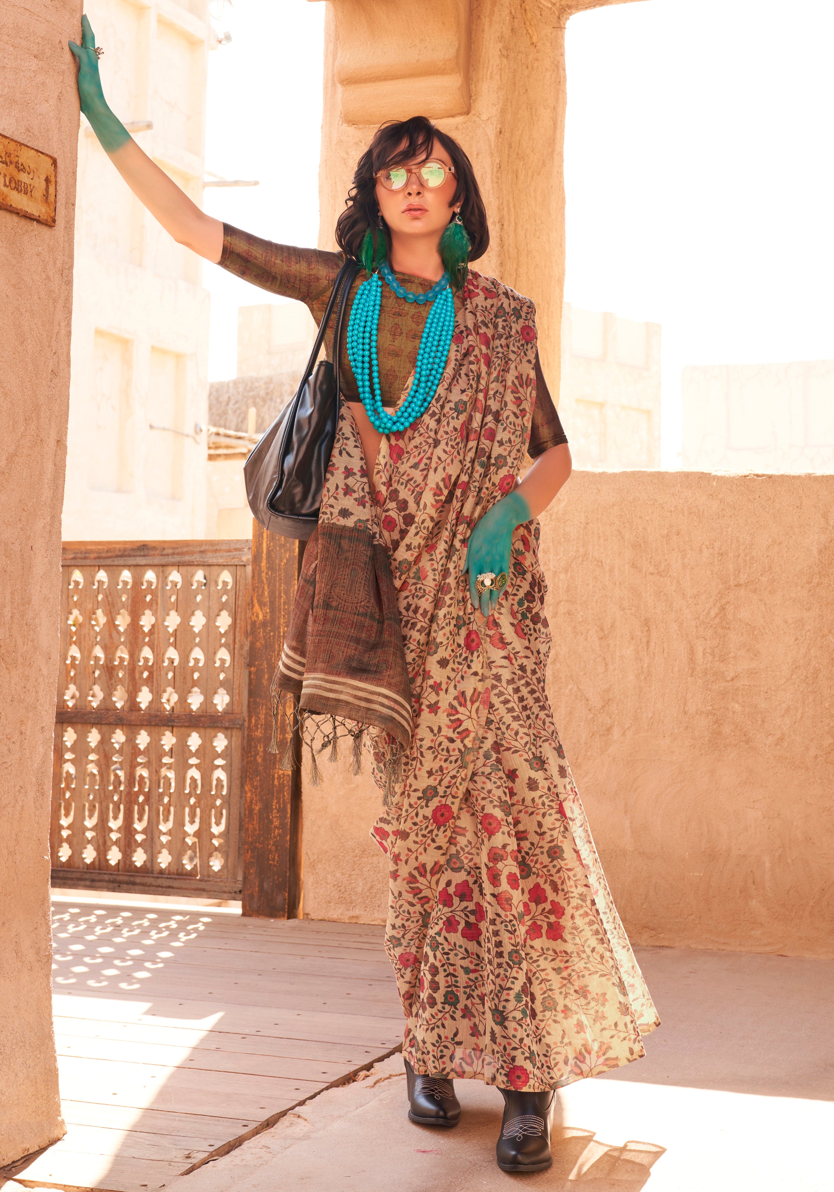 Cream Handloom Silk Saree With Printed