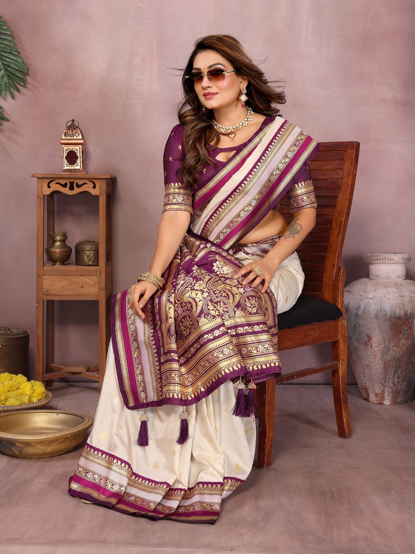 Cream Kalamkari Silk Saree With Traditional Weaving