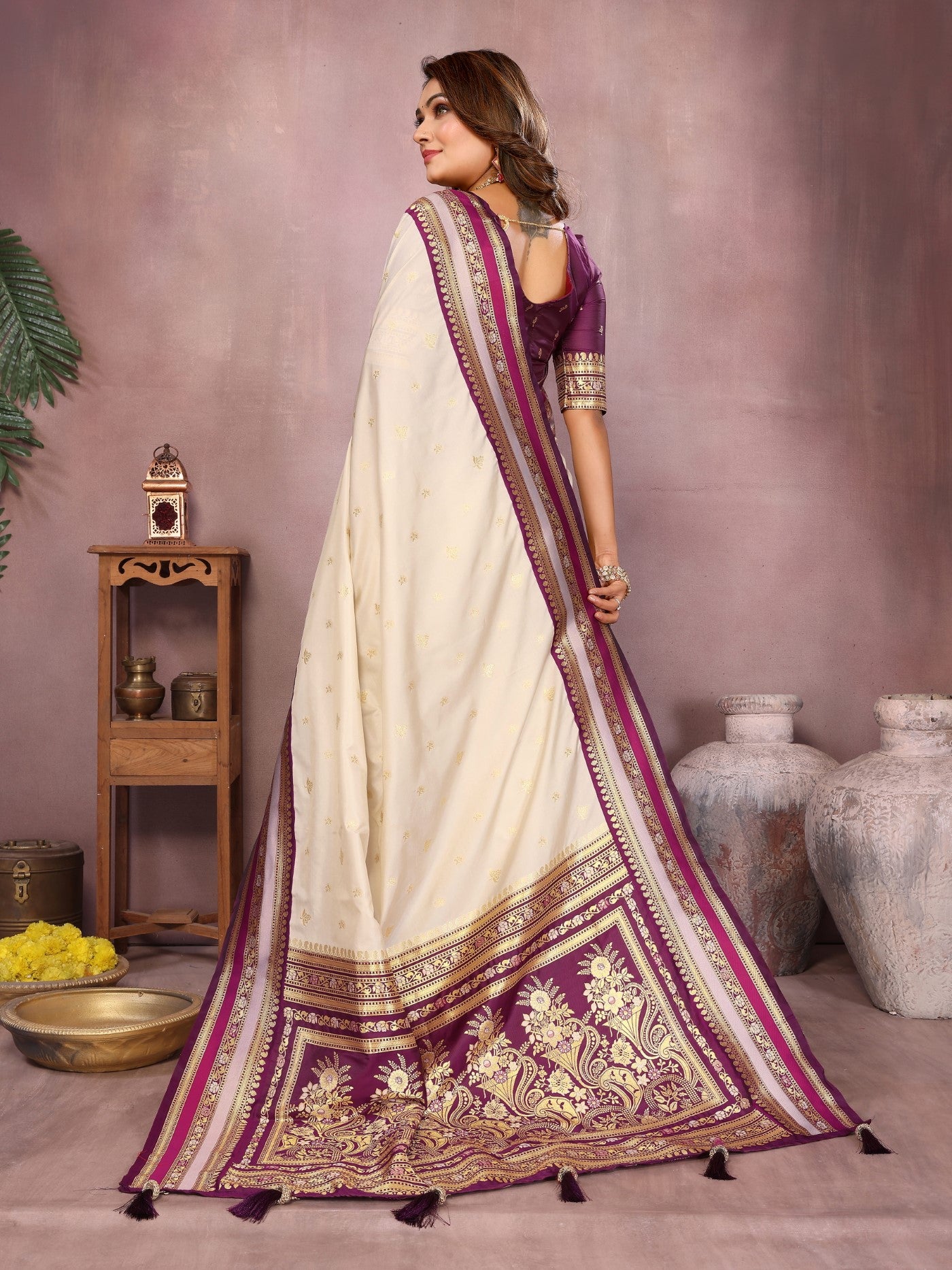 Cream Kalamkari Silk Saree With Traditional Weaving
