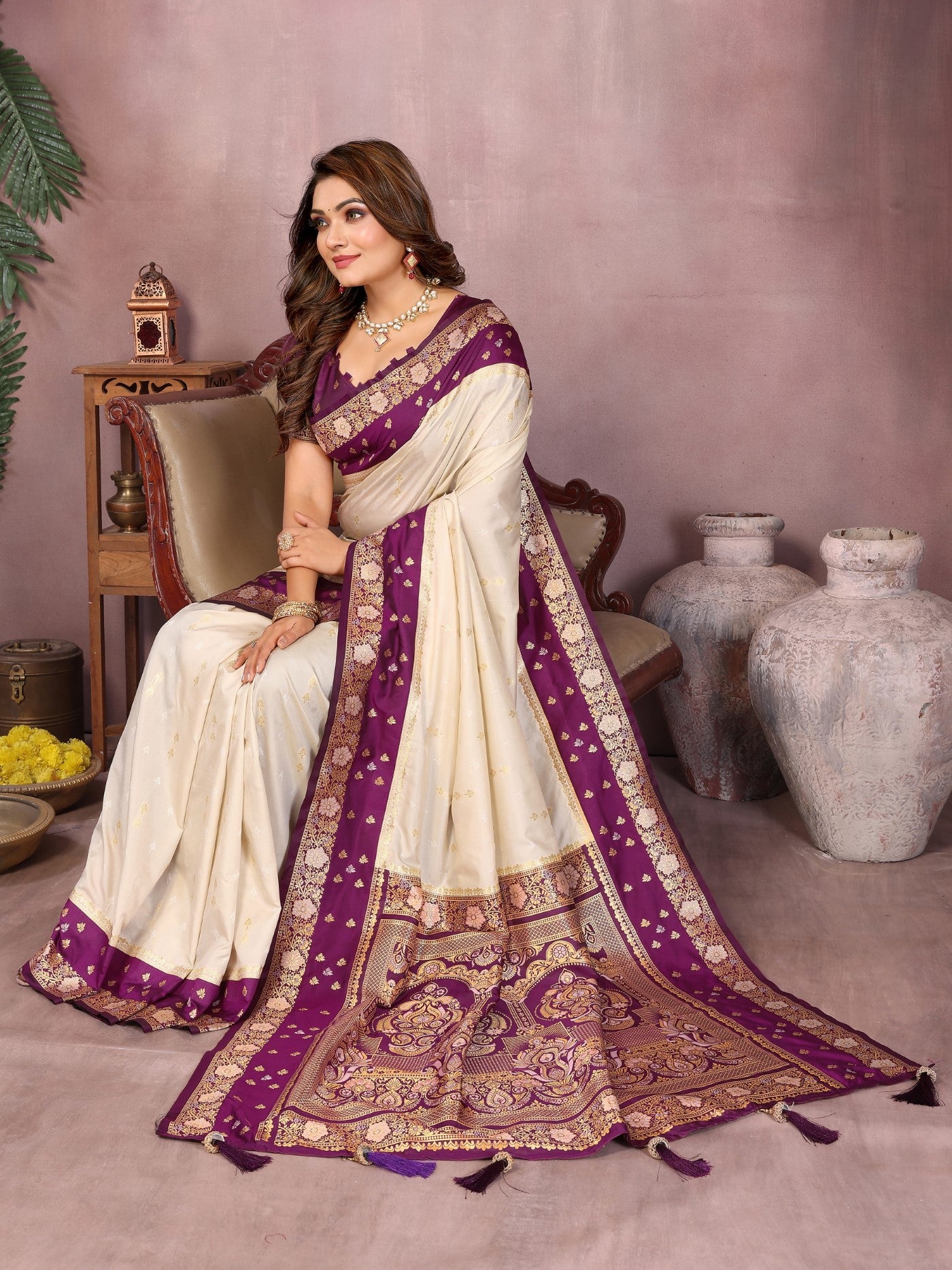 Cream Kalamkari Silk Saree With Zari Woven
