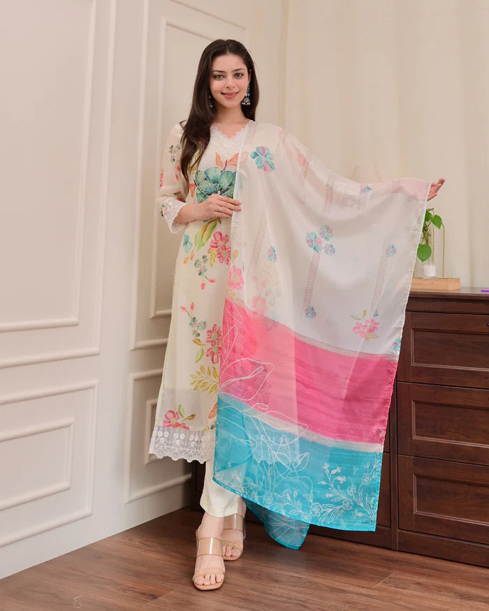 Cream Kurta Pant Set With Print With Thread Embroidery Work